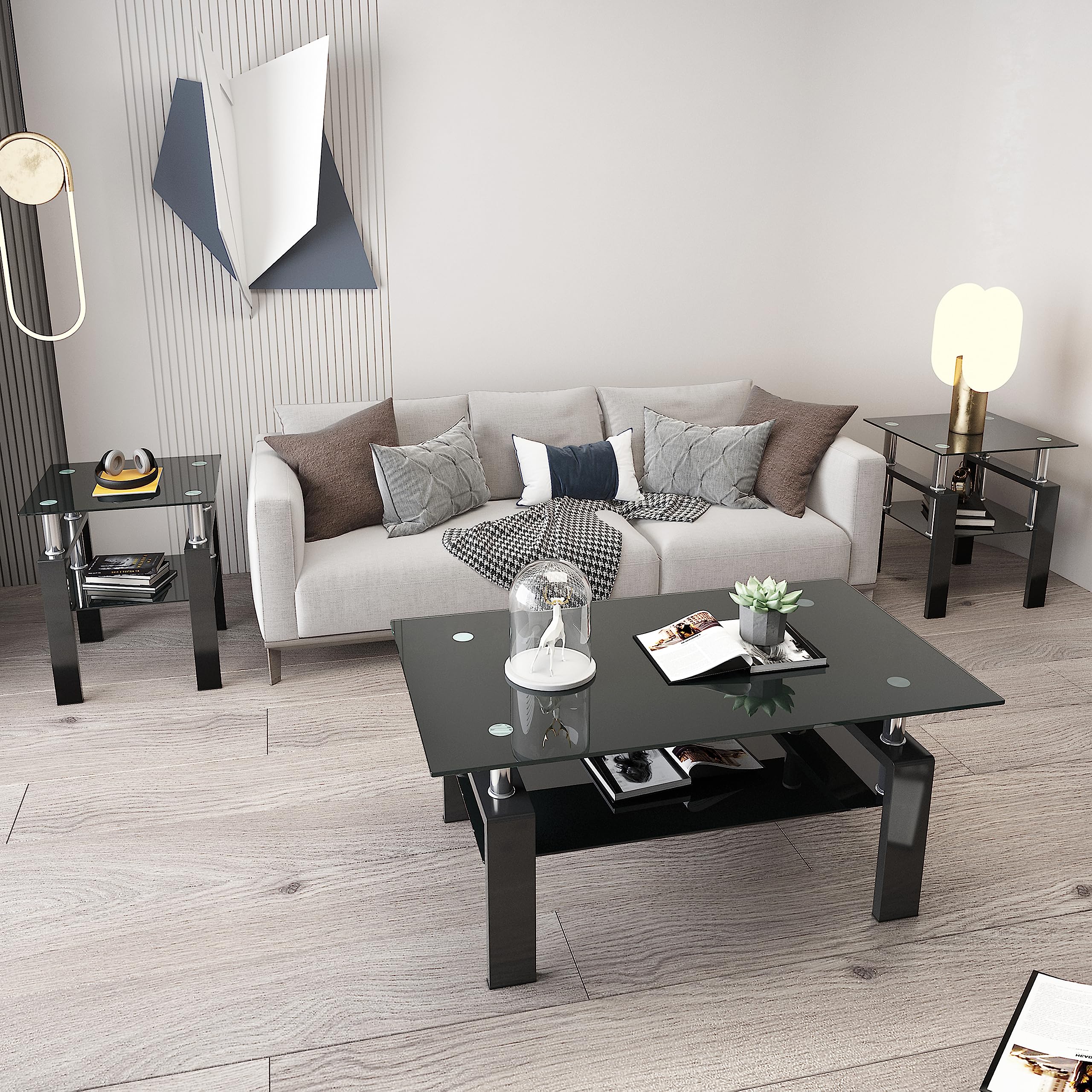 Modern 3-Piece Glass Coffee Table Set with Storage - Black Metal Leg Rectangle Tempered End & Side Tables for Living Room - Perfect for Small Spaces, Apartments & Home Decor (Black-B)