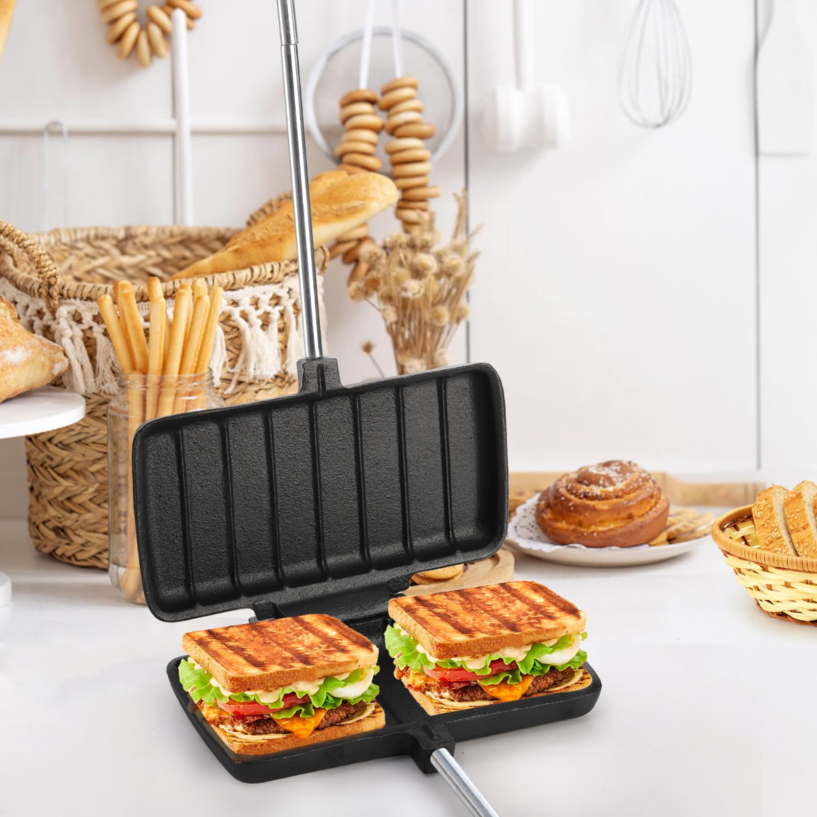 Coloch Double Pie Iron Sandwich Maker - Heavy Duty Cast Iron Campfire Cookware with Long Handle for Outdoor Cooking | Perfect for Camping, Picnics, and Backyard BBQs | Make Delicious Pies, Sandwiches, and More