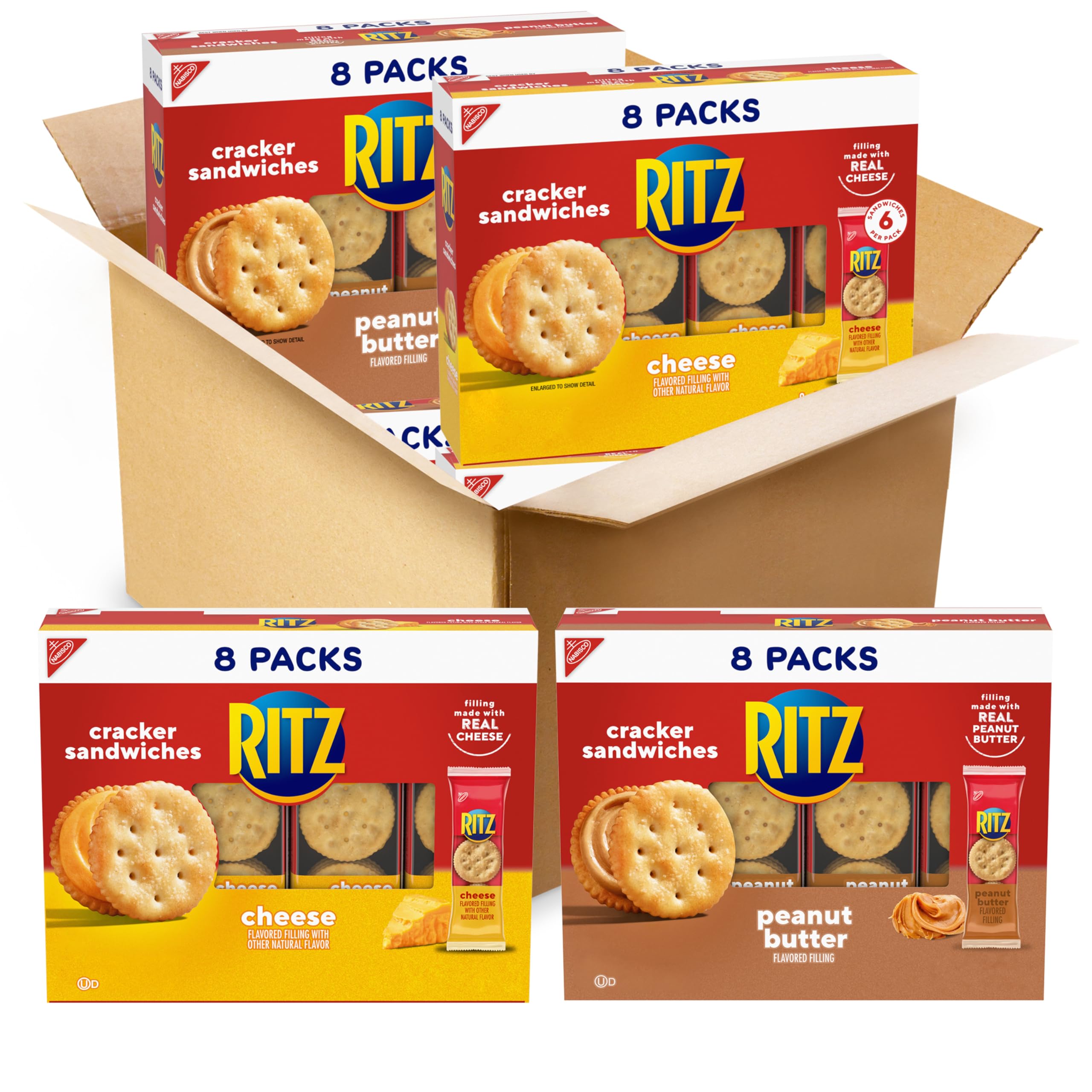 RITZ Peanut Butter & Cheese Sandwich Crackers Variety Pack - 32 Individually Wrapped Snack Packs (6 Crackers Each) - Perfect for School Lunches, Office Snacks & On-the-Go Treats