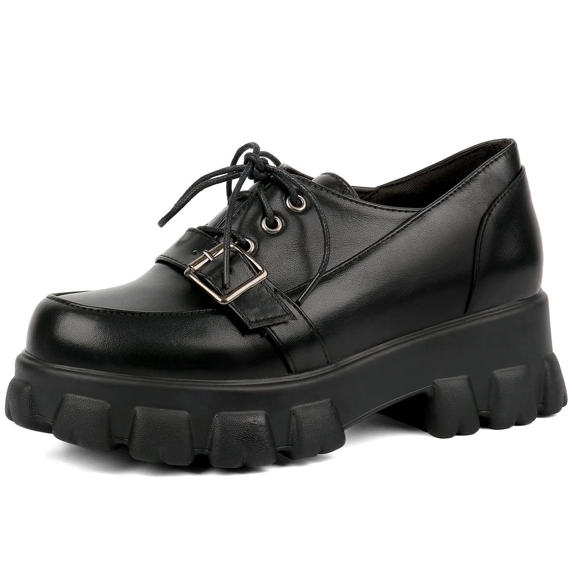 KOKOMOMO Women's Chunky Platform Oxford Loafers with Buckle - Gothic Style Shoes for Casual Outfits & Streetwear Fashion