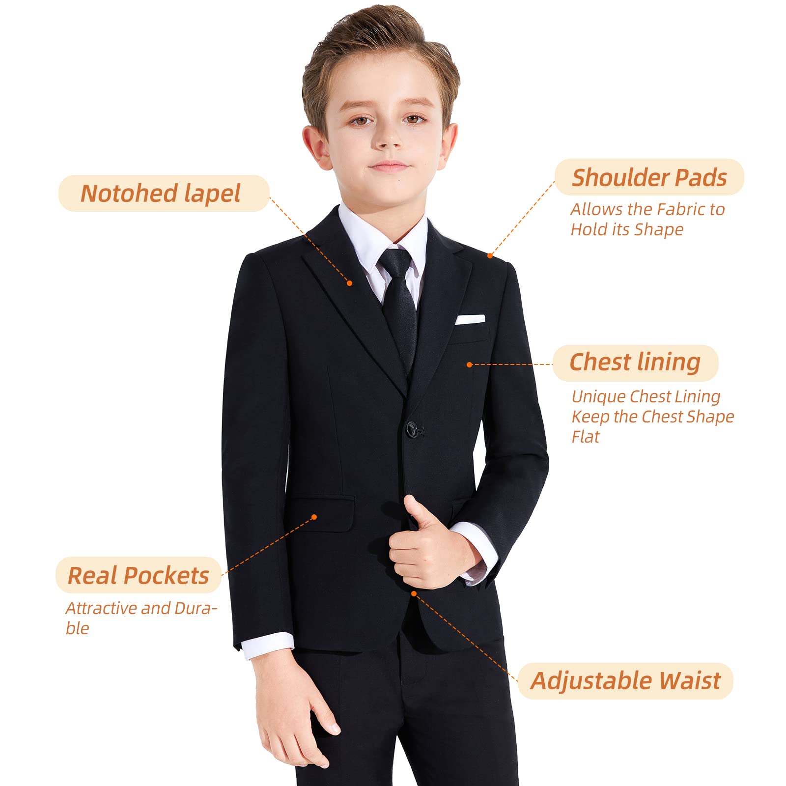PLAVICT Boys' Slim Fit 5-Piece Suit Set with Adjustable Waist for Weddings & School Events