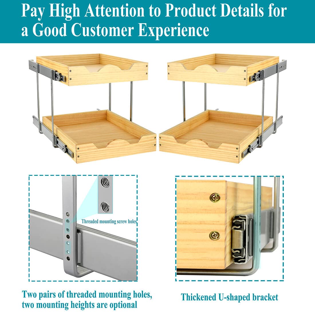 2-Tier Pull Out Cabinet Drawers - Wood Organizer for Kitchen, Pantry & Bathroom Storage