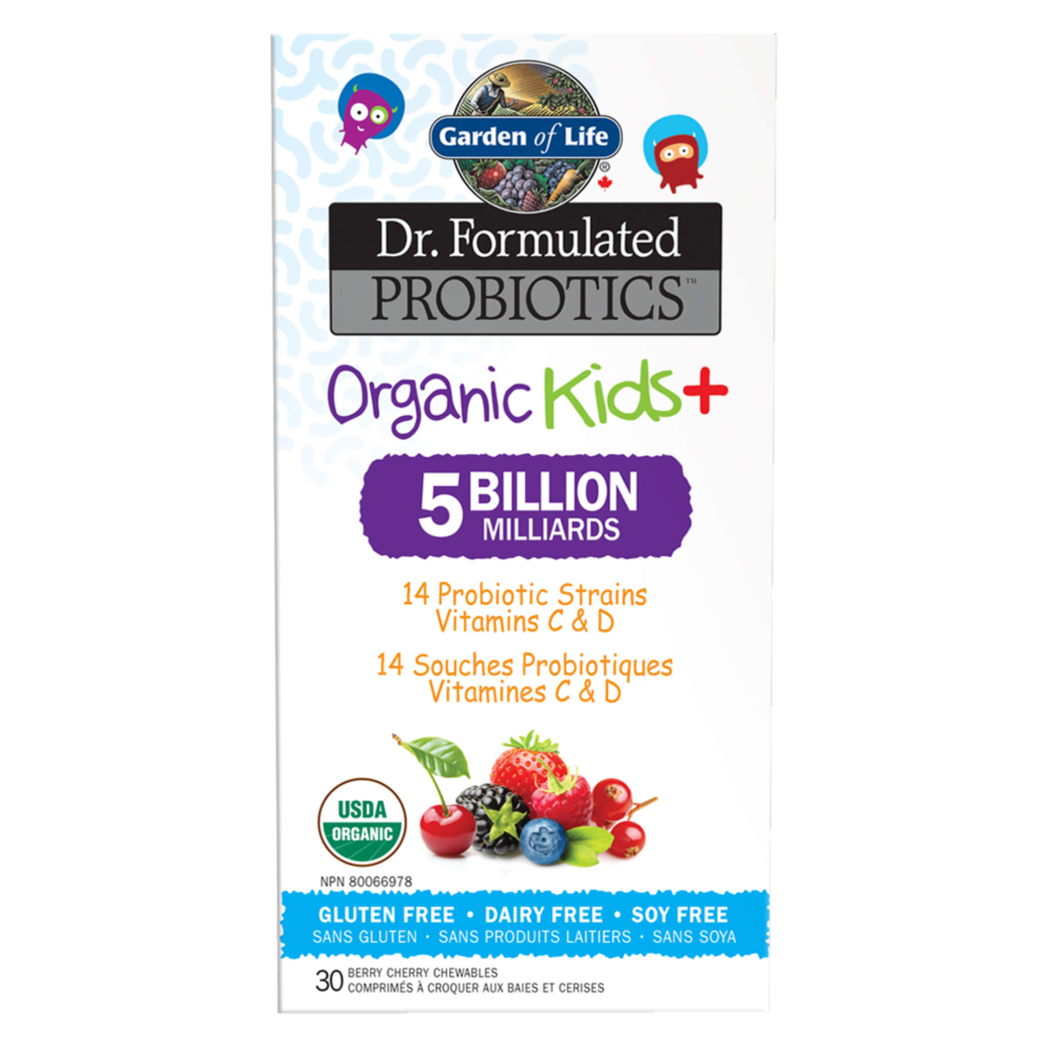Dr. Formulated Probiotics Organic Kids+ - 5 Billion CFU Berry Cherry Flavor for Digestive & Immune Support - Perfect for Travel, School & Daily Wellness (Cooler Pack)