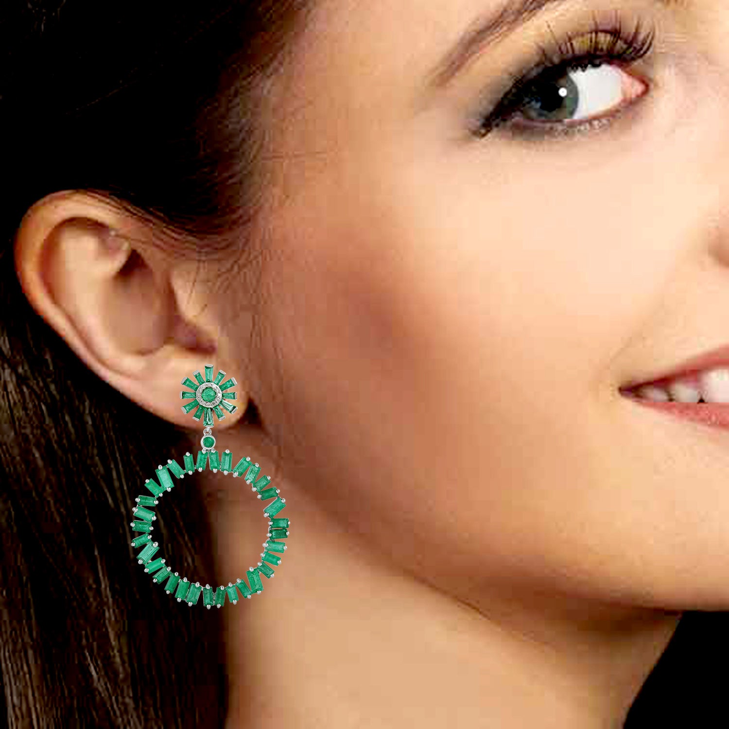 18K White Gold Baguette Emerald Pave Diamond Hoop Earrings – Elegant Dangle Earrings for Women, Perfect for Weddings, Parties & Special Occasions