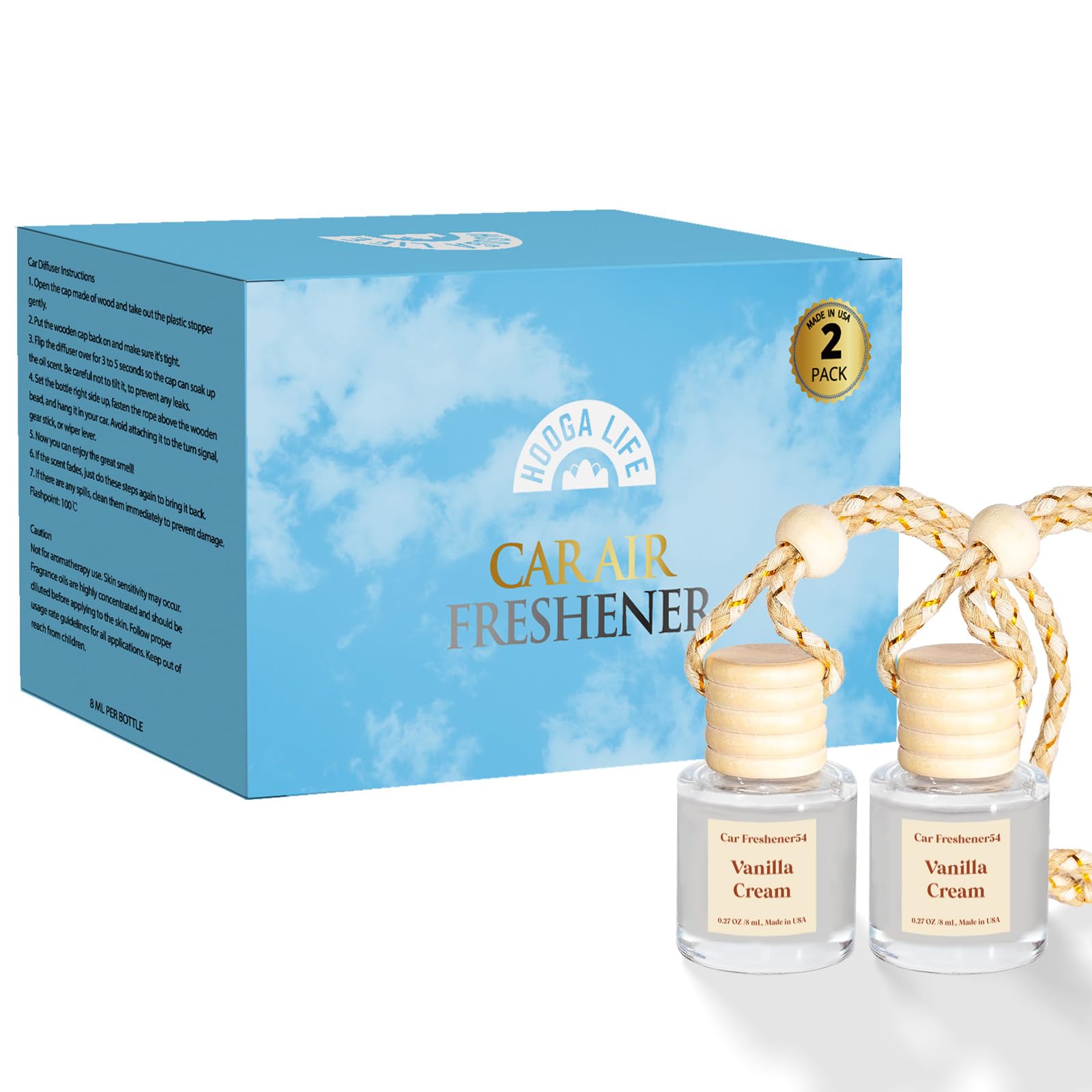 HoogaLife 2 Pack Car Air Freshener Diffuser - Long Lasting Vanilla Cream Fragrance Oil (45+ Days) | Hanging Air Freshener for Car, Home & Office | Made in USA | Perfect for Daily Commute, Road Trips & Small Spaces