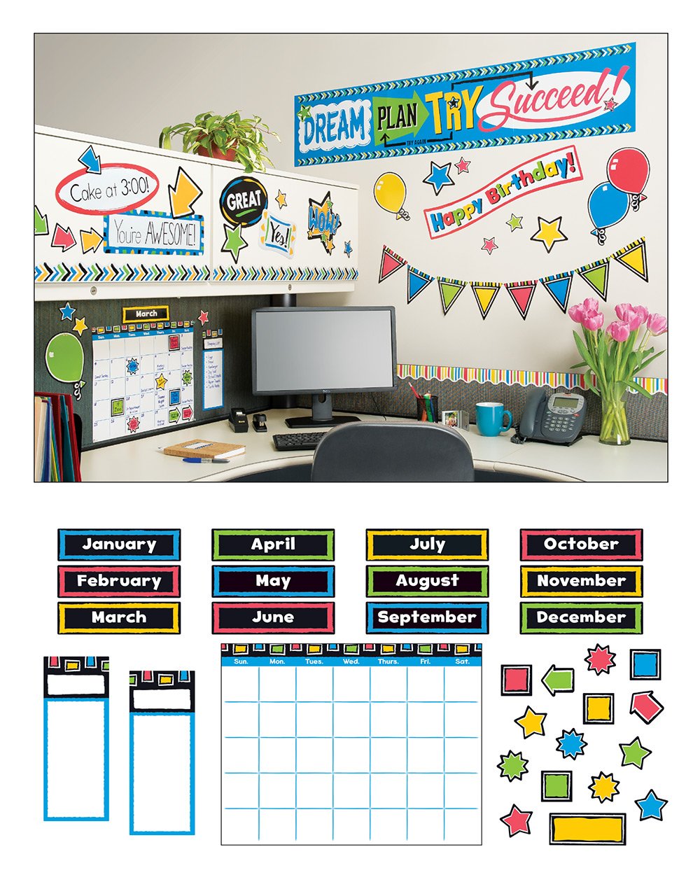 Bold Strokes Wipe Off® Calendar Bulletin Board Set - Dry Erase Wall Planner for Office, Classroom & Home Organization - Perfect for Schedules, Reminders & Daily Planning