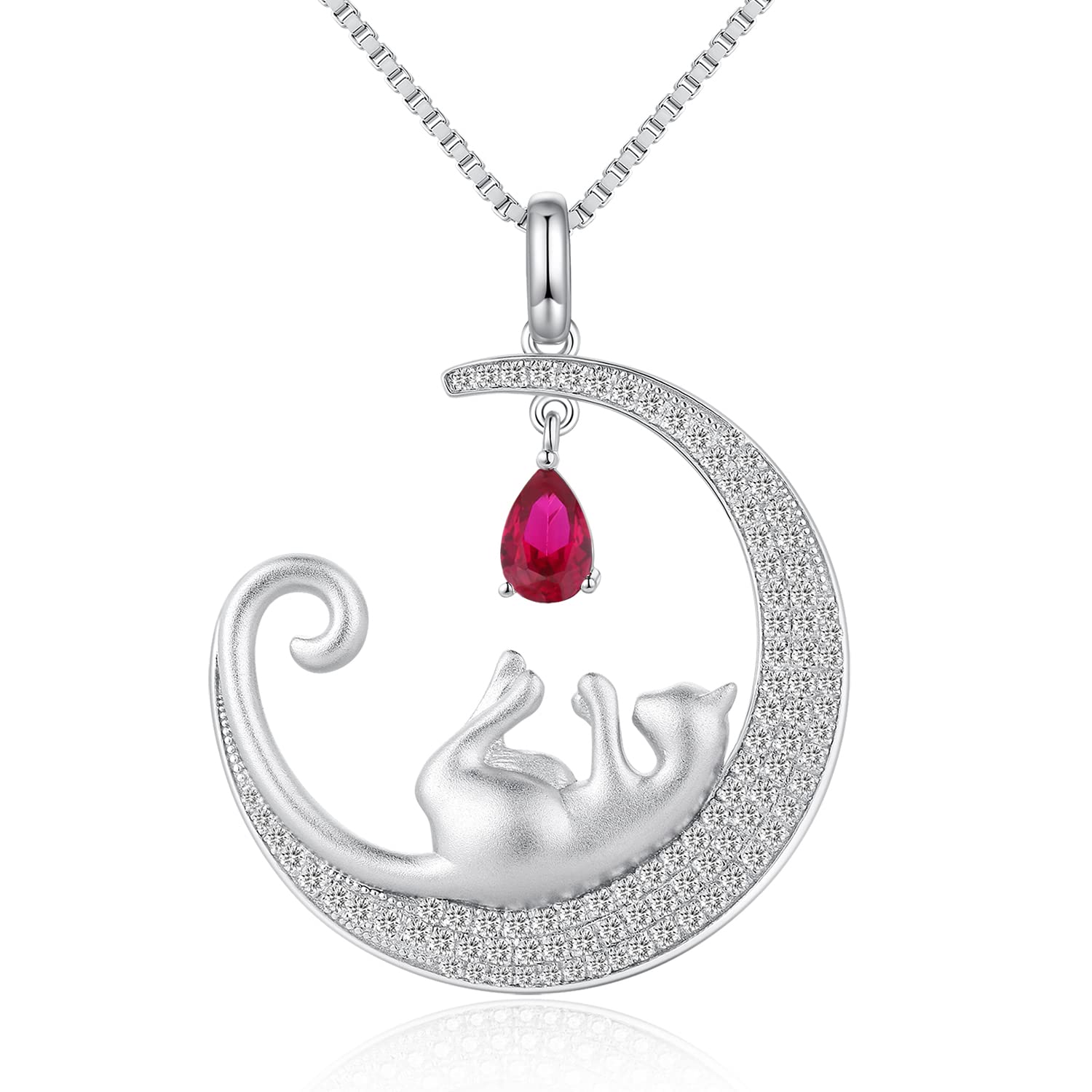 18K White Gold Plated Cat Necklace - 925 Sterling Silver Diamond Cat Pendant with Moon Charm - Elegant Jewelry Gift for Women (Birthday/Christmas) - Perfect for Date Nights, Parties & Special Occasions - Includes Gift Box