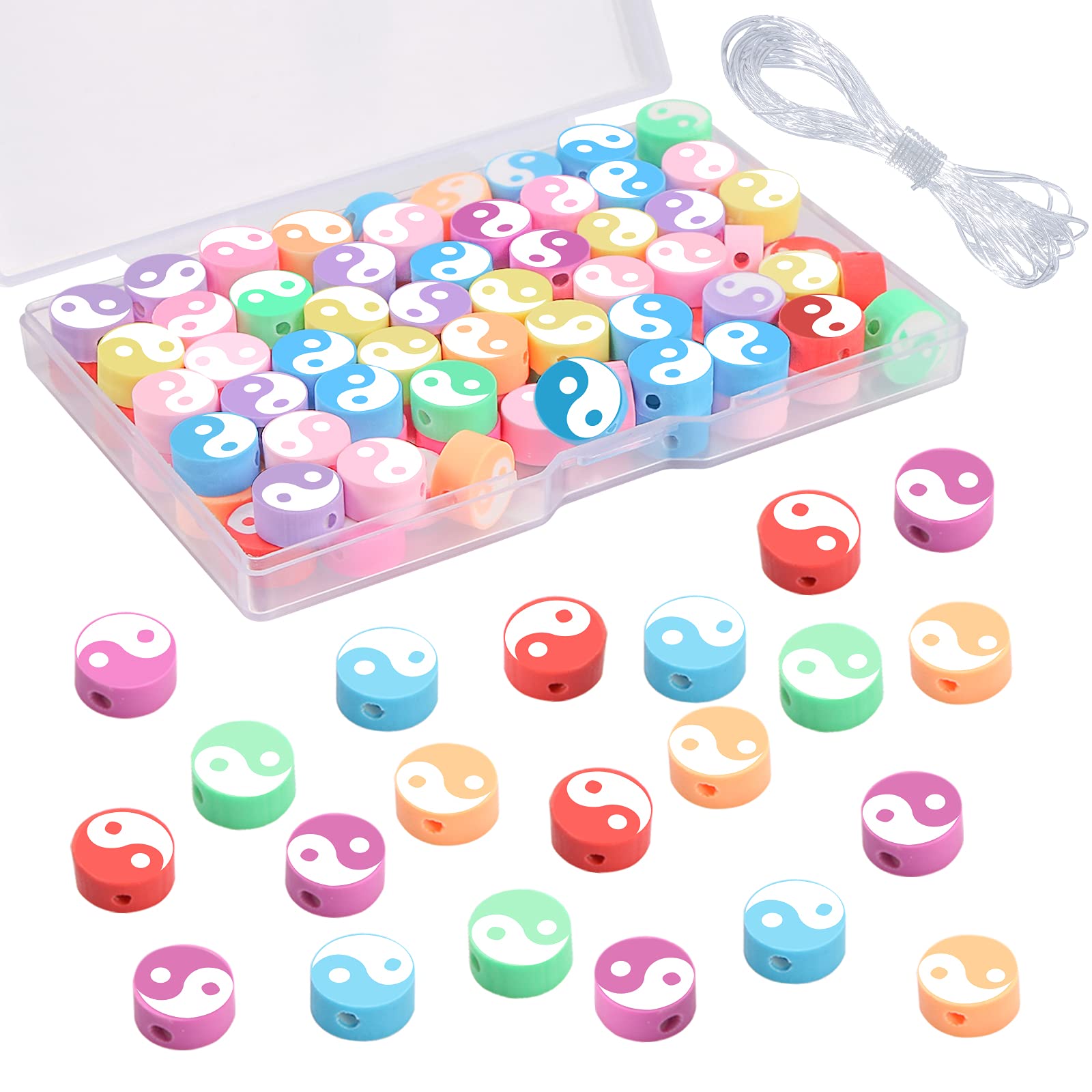 100PCS Colorful Polymer Clay Yin Yang Beads - DIY Spacer Beads for Bracelets, Necklaces & Earrings | UHOMENY Craft Beads with Storage Box & String | Perfect for Tai Chi Jewelry, Boho Accessories & Meditation Crafts