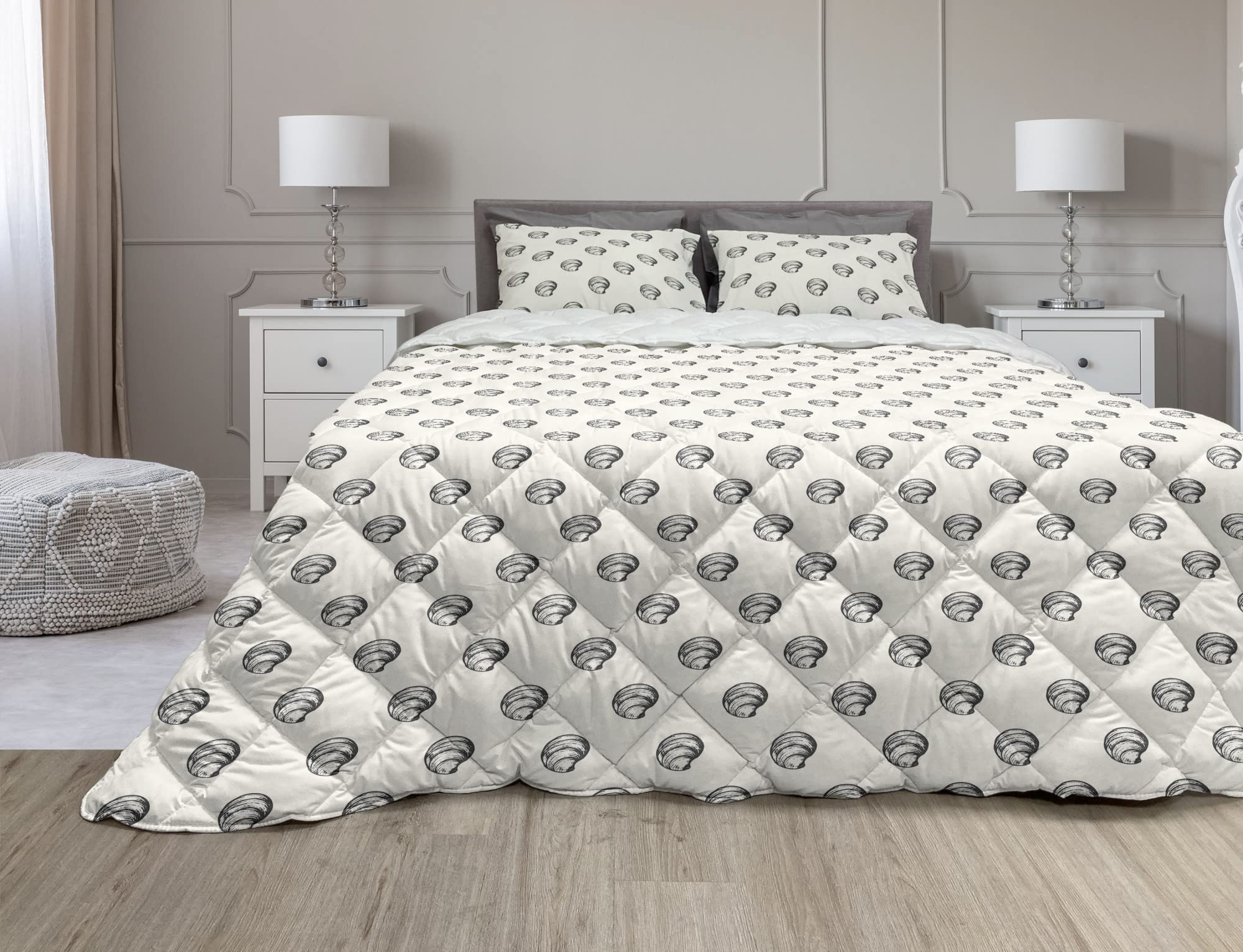 Ambesonne Nautical Comforter Set with Hand-Drawn Seashell & Marine Doodle Design - 3-Piece Full Size Duvet Cover Set with Microfiber Filling in Ivory & Dark Grey - Perfect for Coastal Themed Bedrooms & Beach House Decor