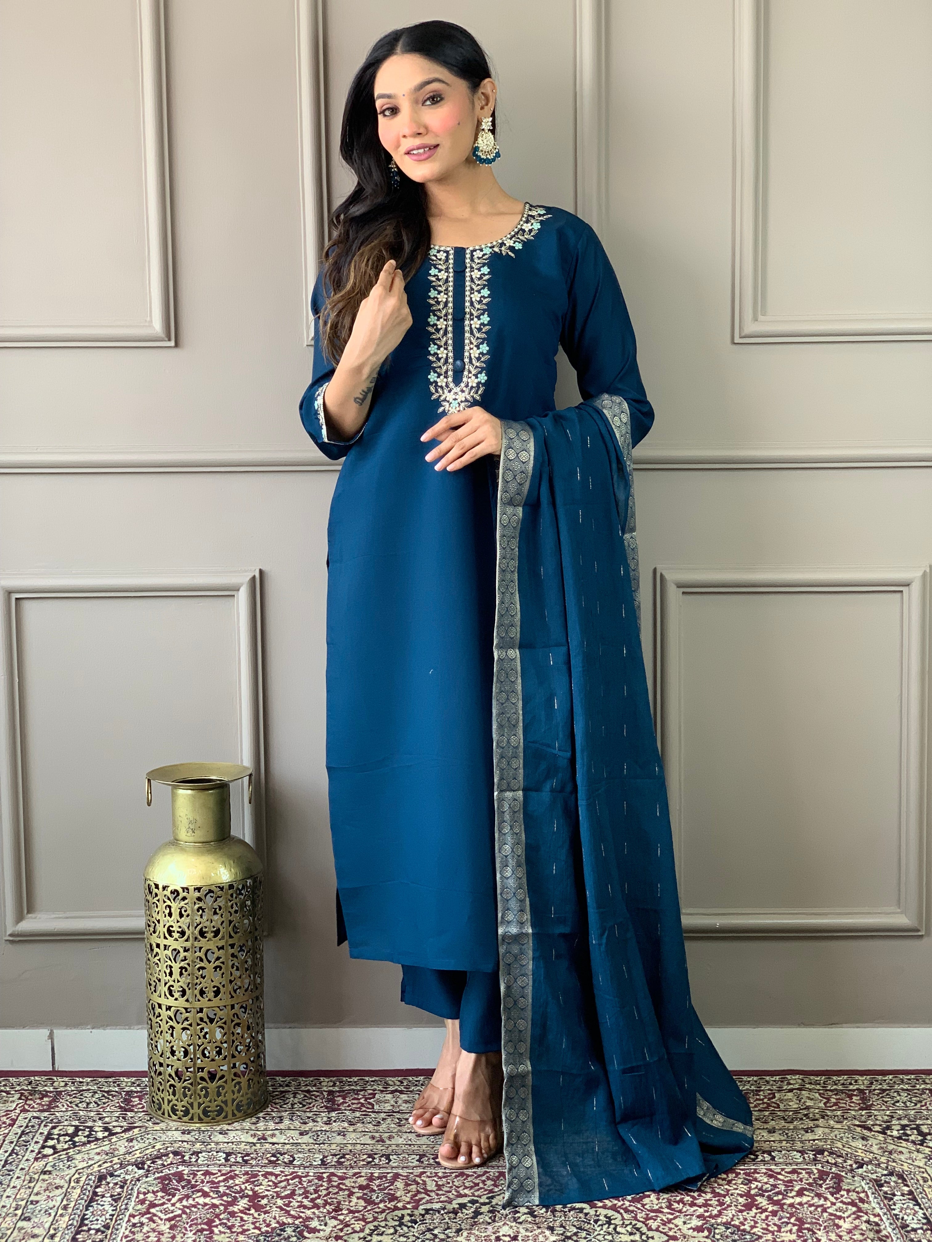 Stylish Blue Pant Suit with Designer Embroidery - Ready to Wear Formal Outfit for Women | Perfect for Weddings, Office Wear & Special Occasions