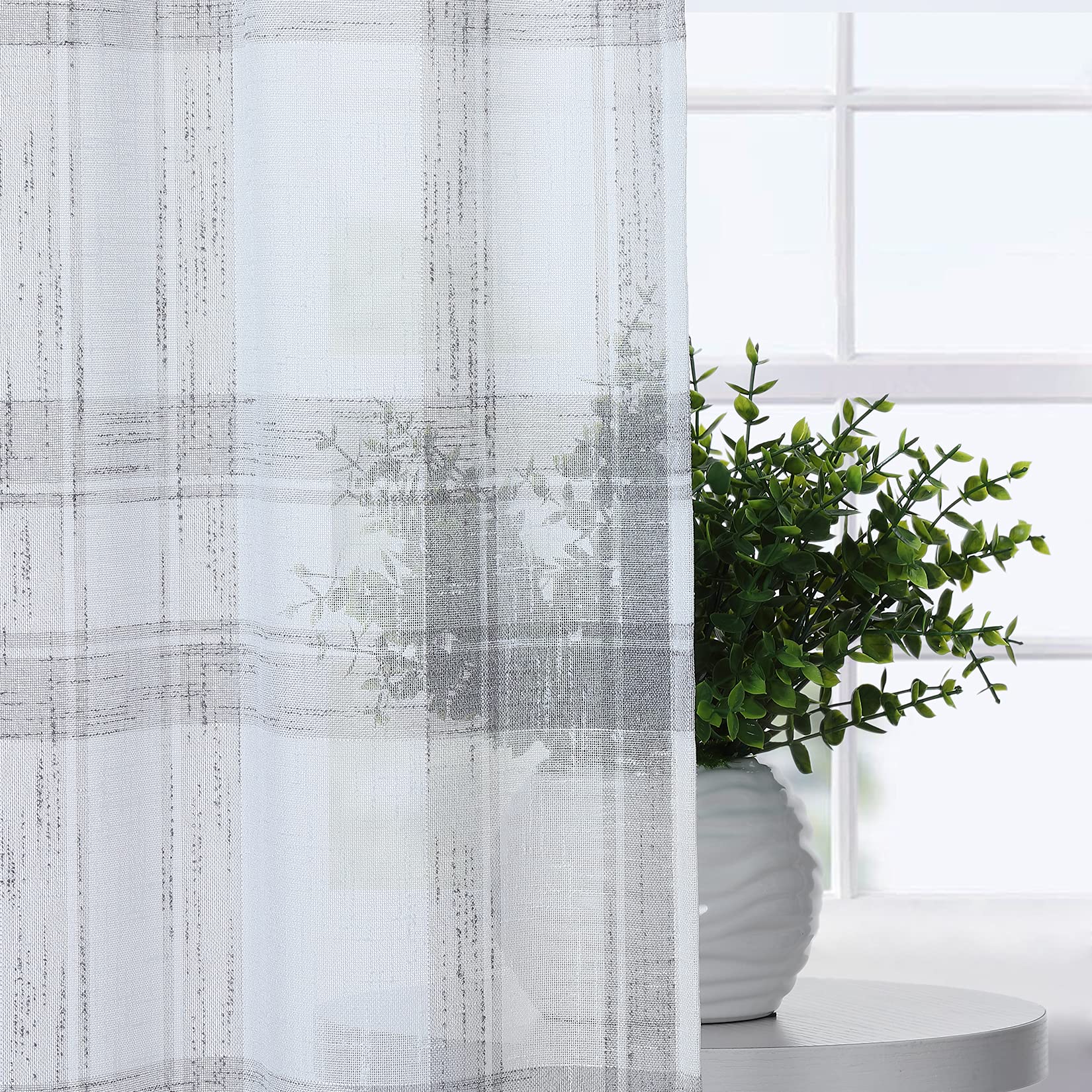 CAROMIO 45 Inch Kitchen Curtains - Buffalo Plaid Linen Look Semi-Sheer Cafe Curtains for Windows, Set of 2 Panels, Grey - Perfect for Kitchen, Bathroom, and Dining Room Decor