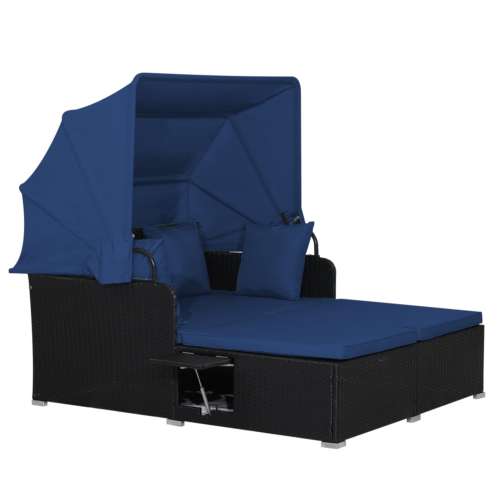 RELAX4LIFE Outdoor Daybed with Canopy - 2-Person Rattan Wicker Sunbed with Cushions, 4 Pillows & Retractable Side Trays - Perfect for Poolside, Porch, Garden, or Patio Lounge (Navy Blue)