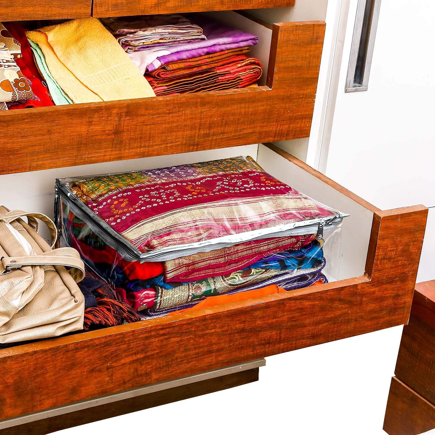 PVC Wardrobe Clothes Organizer - Transparent Storage Bags for Saree, Shirts & Lehenga - Zip Closure Dress Hangers (22cm x 35cm, Pack of 4) - Perfect for Closet Organization, Travel & Seasonal Clothing Storage