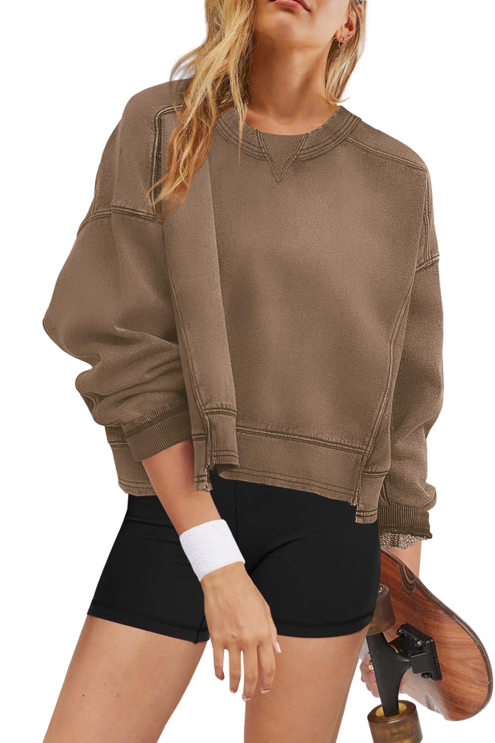 ReachMe Women's Cropped Crewneck Sweatshirt - Oversized Fleece Pullover with Long Sleeves for Workout, Yoga, Gym & Casual Streetwear Fashion
