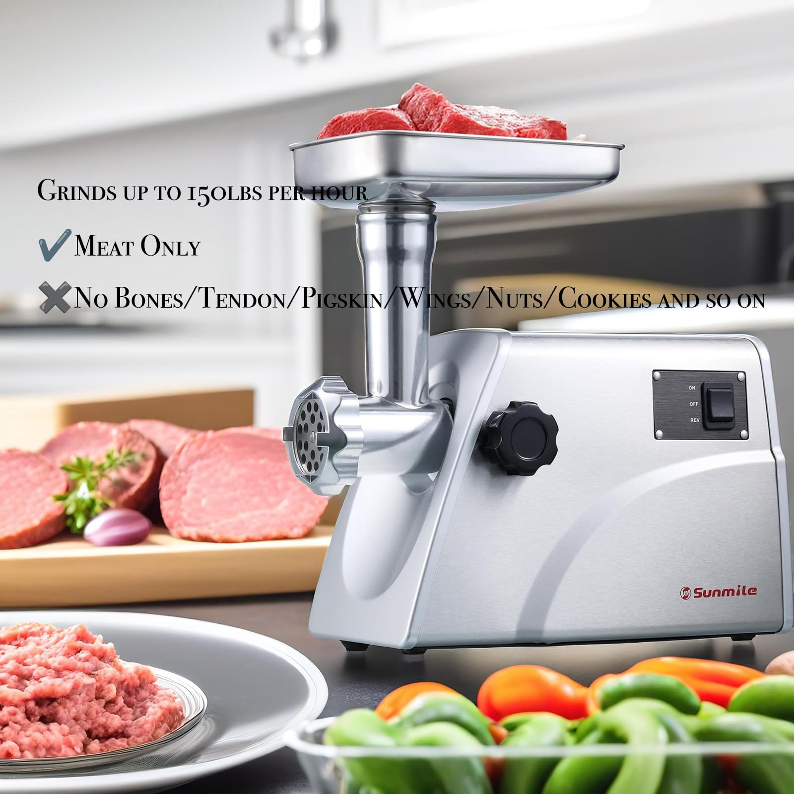 Sunmile SM-G33 1HP 800W Electric Meat Grinder - ETL Certified Stainless Steel Meat Mincer & Sausage Stuffer with Stainless Steel Blades & Plates - Perfect for Home Kitchen, Butcher Shop & Commercial Use