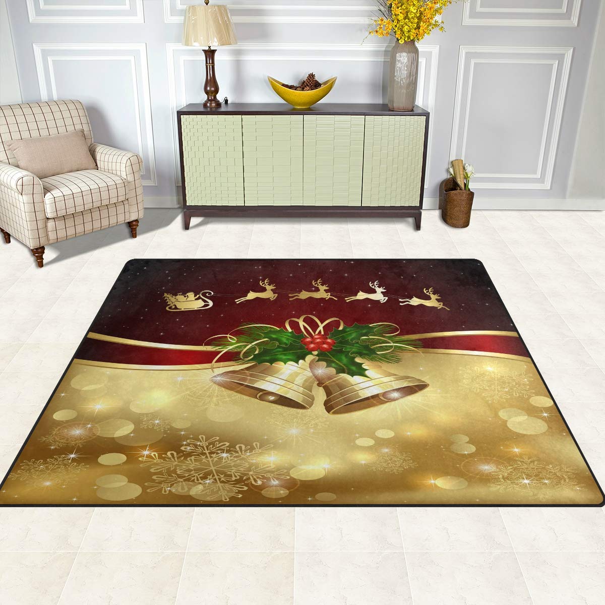 ALAZA Golden Christmas Bell Snowflake Area Rug 7' x 5' - Holiday Home Decor for Living Room, Bedroom, Office & Entryway - Festive Winter Floor Mat for Xmas Decorations