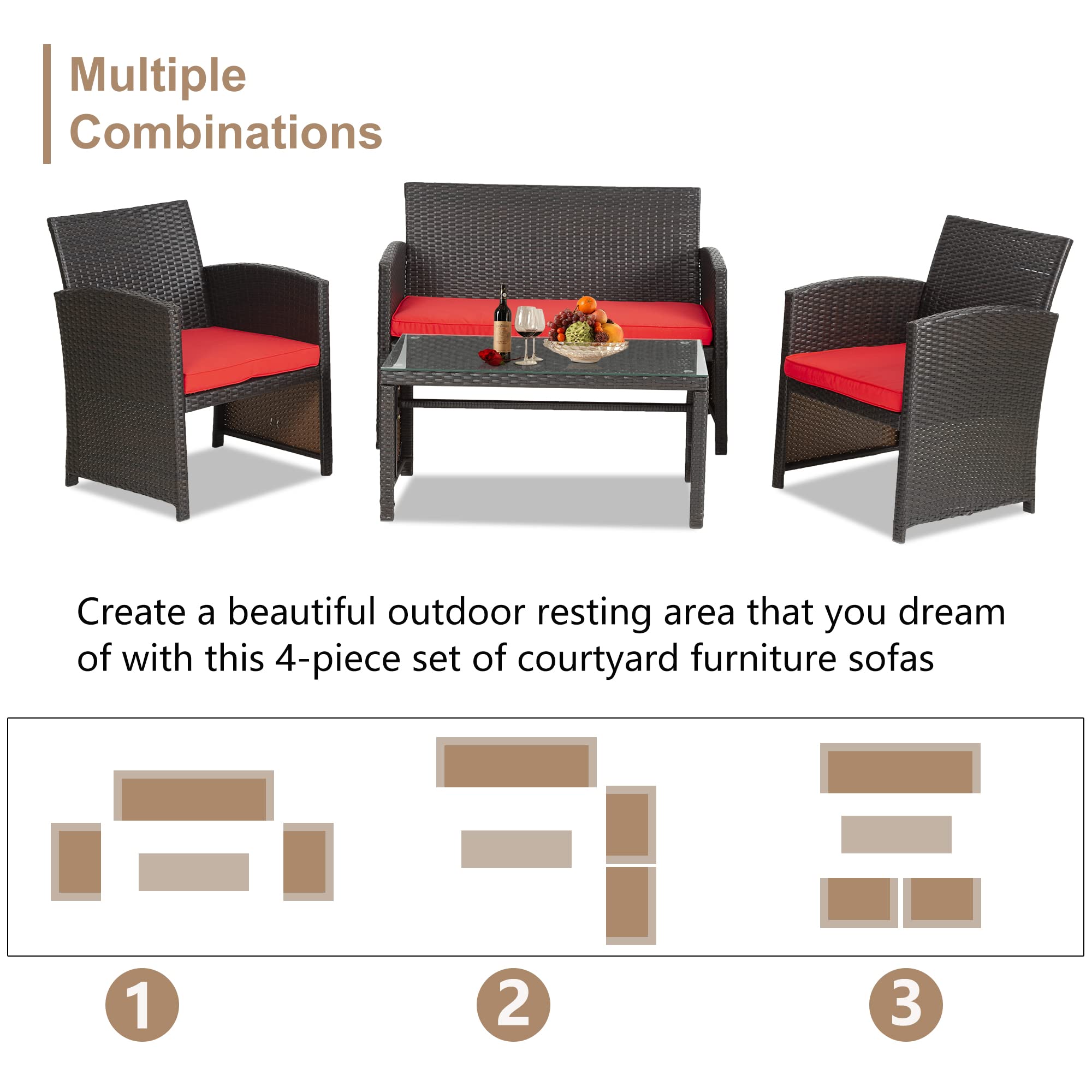 FDW 4-Piece Outdoor Patio Furniture Set - Wicker Rattan Conversation Set with Chairs for Poolside, Lawn, Porch, Balcony & Garden (Brown & Red) - Perfect for Relaxing, Entertaining & Outdoor Dining