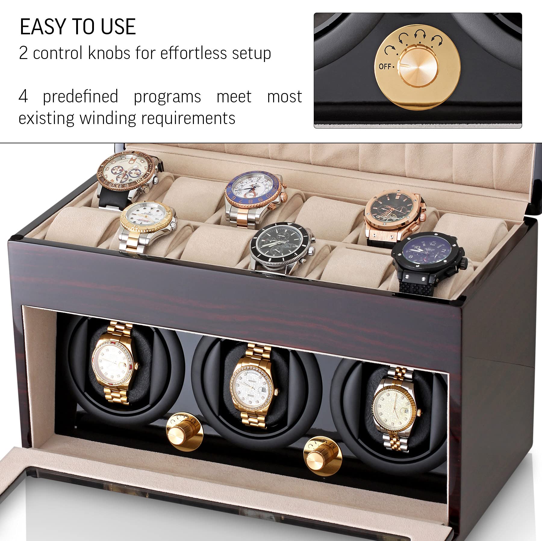 Premium Automatic Watch Winder for 3 Watches with 12-Slot Storage Box | Perfect for Automatic Watch Collection, Display & Protection | Home, Office & Travel Use
