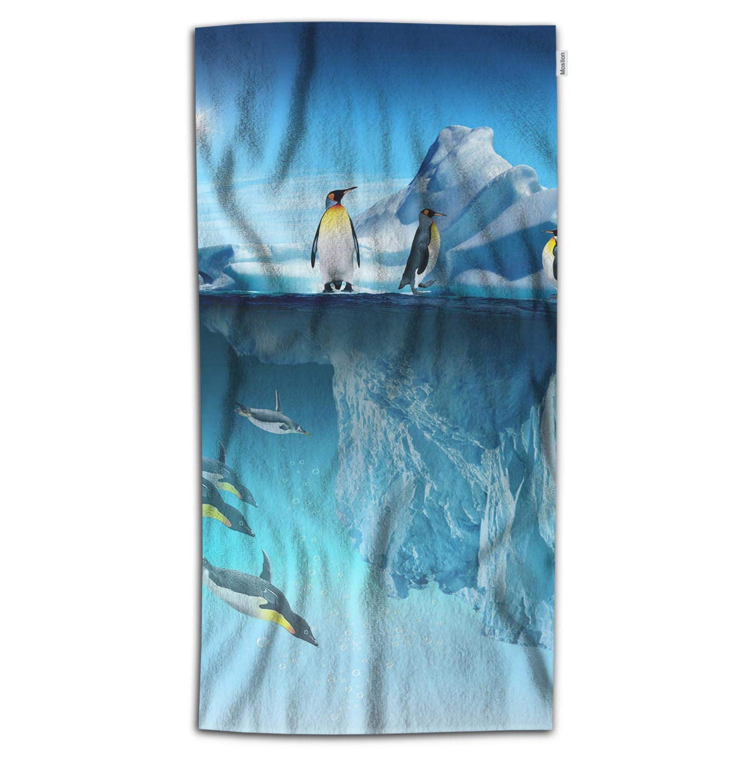 Soft Microfiber Penguin Bath Towel 32x64 Inch - Cute Antarctic Animal Design with Iceberg & Ocean Sunlight Pattern - Absorbent Quick-Dry Beach & Bath Towel for Kids, Baby, Bathroom, Pool, Travel