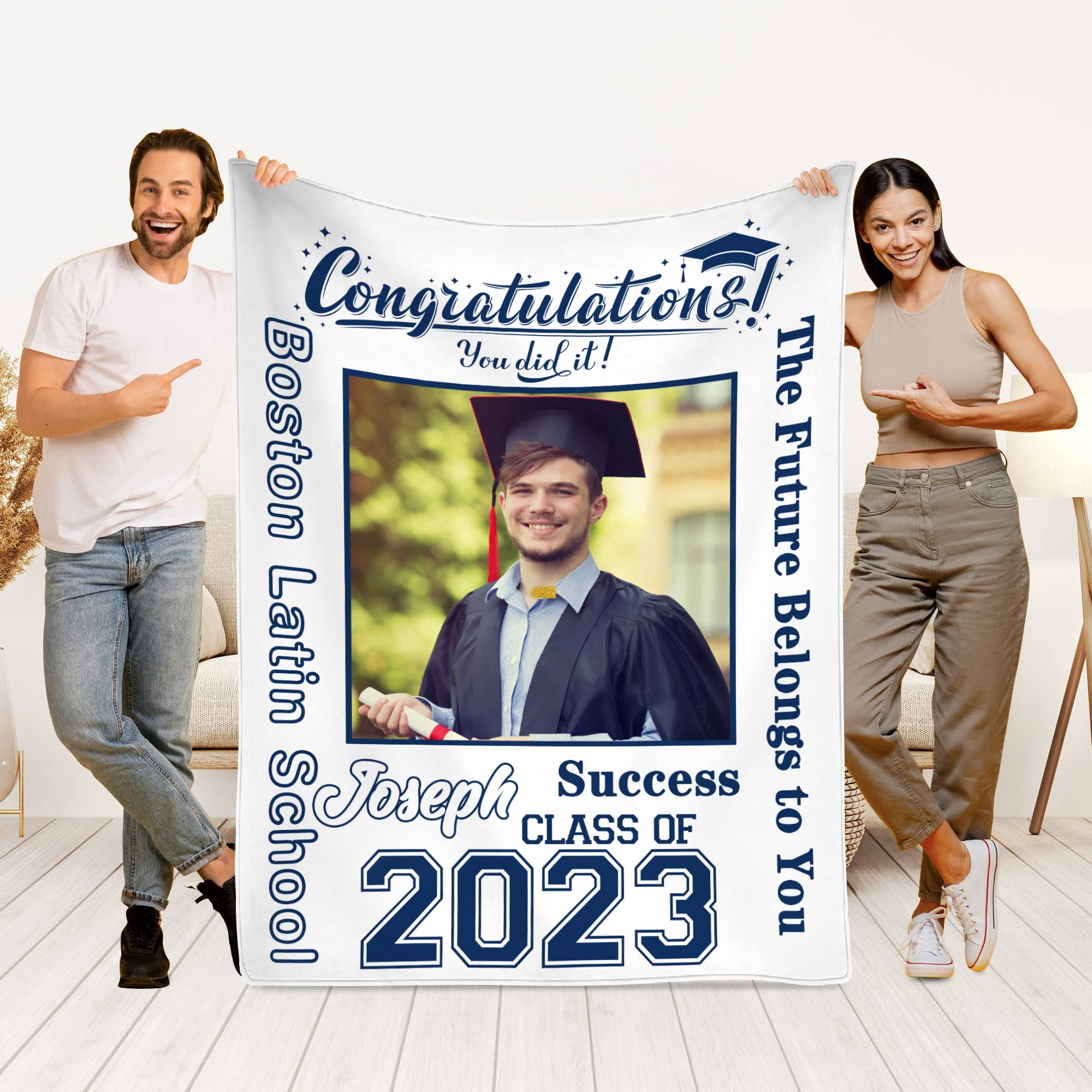 Artsadd Custom Graduation Blanket with Photo & Name - Personalized Graduation Gift 2023 - Green Funny Photo Blanket for College & High School Graduates - 50x60 Inch - Perfect for Dorm Decor, Graduation Parties & Cozy Memories