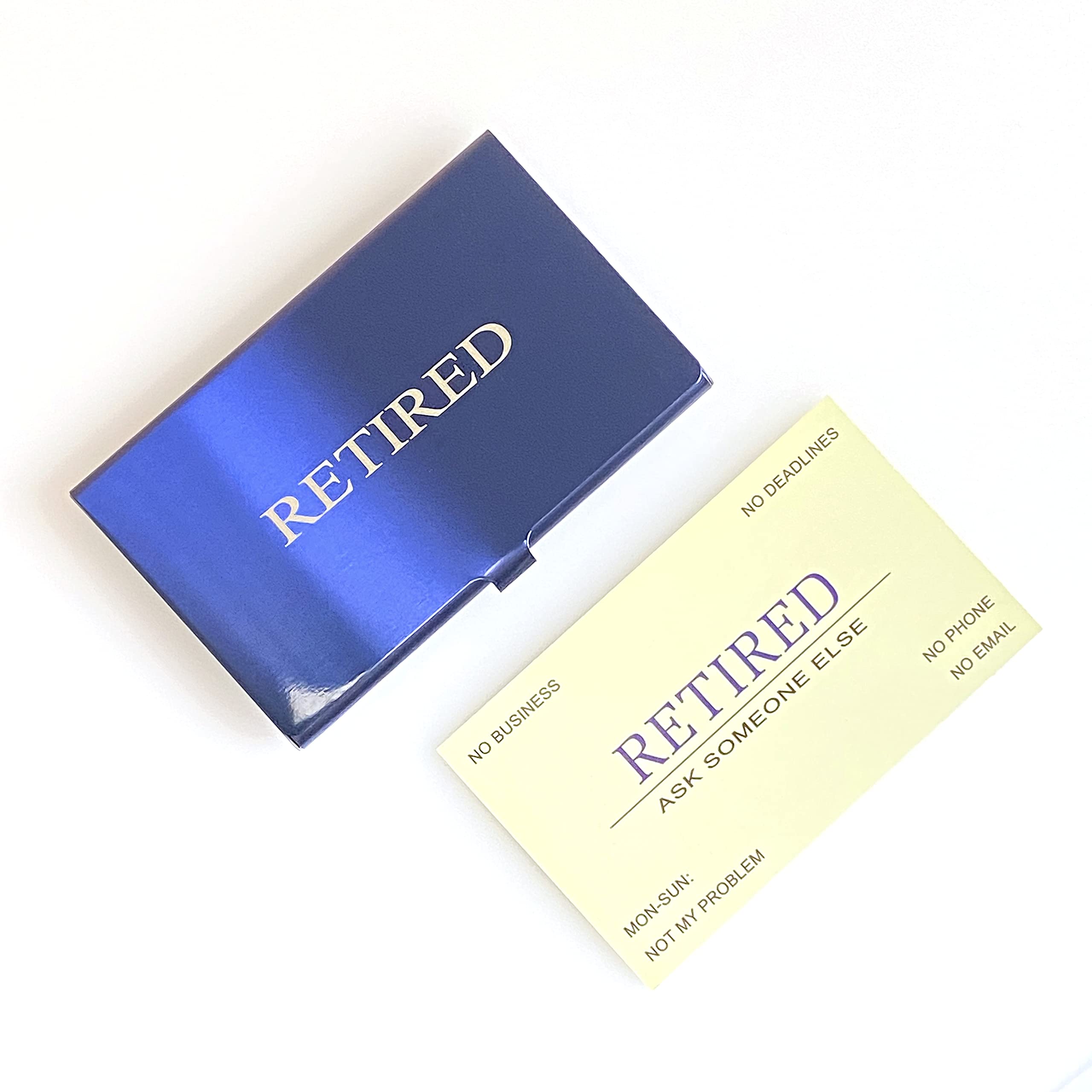 RXBC2011 Retired Business Cards - 50 Yellow Cards in Blue Stainless Steel Case | Funny Retirement Gift for Men, Women & Coworkers | Perfect for Retirement Parties, Office Farewells & Humorous Keepsakes