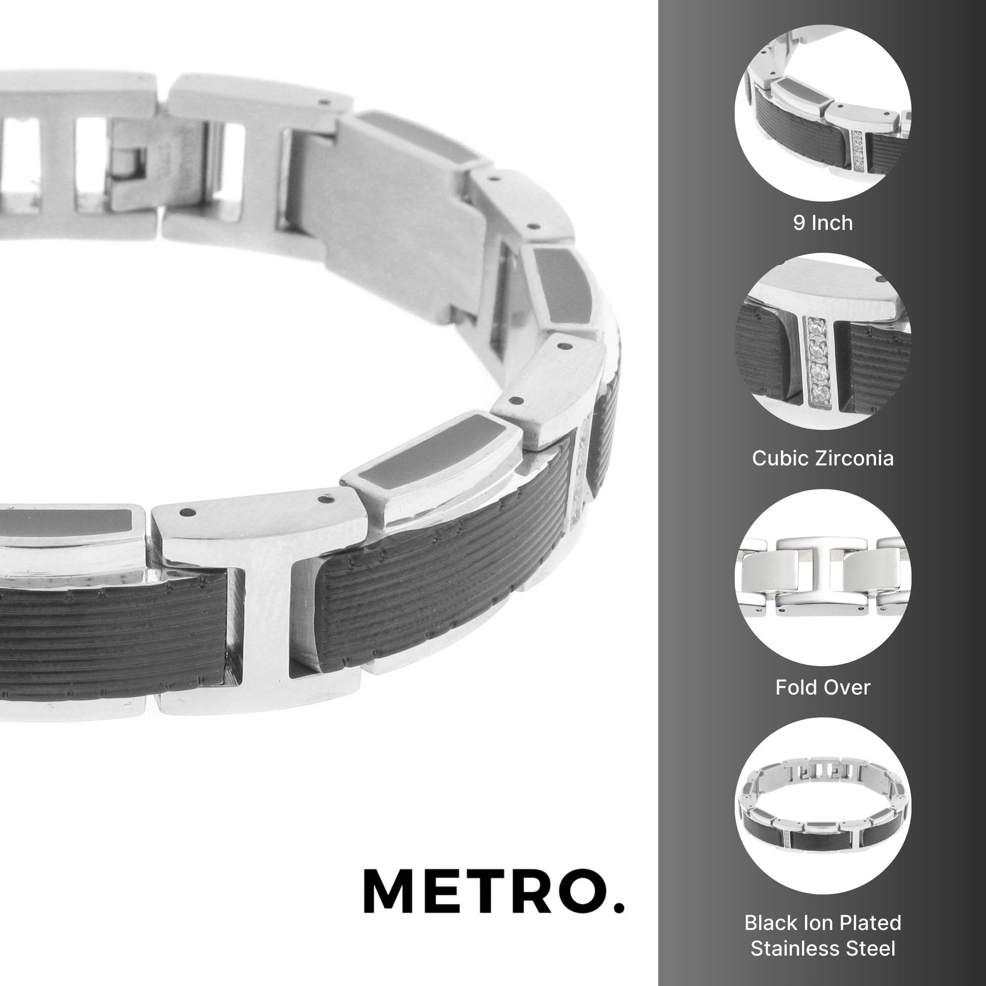 Stainless Steel Men's Cubic Zirconia Link Bracelet - Black Ion Plated or Blue Resin, 9 Inch Length, 13mm Width with Fold Over Clasp | Elegant Jewelry for Formal Events, Business Meetings & Special Occasions