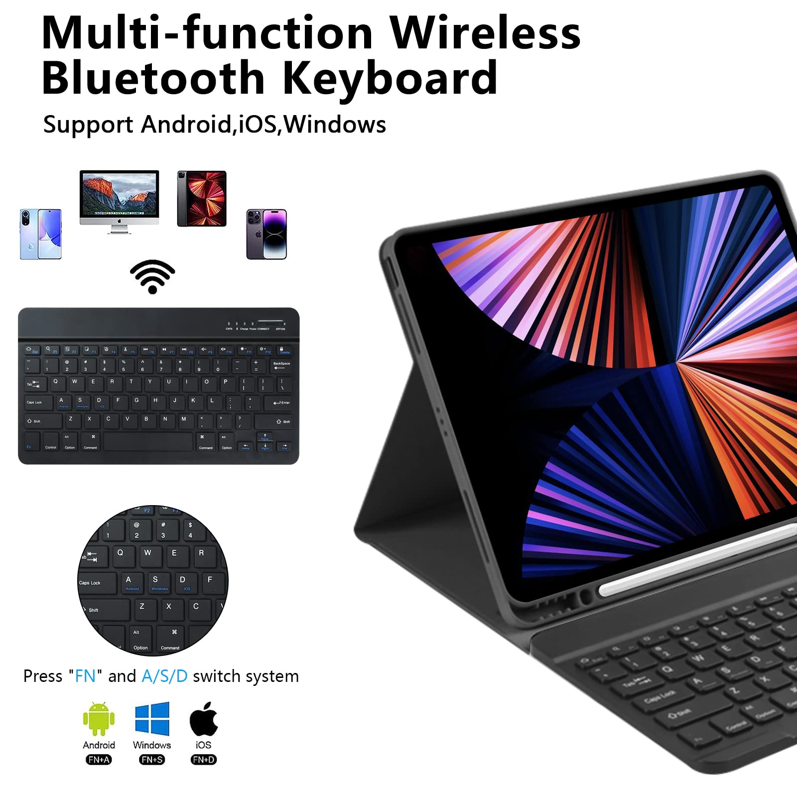iPad Air 13 inch & iPad Pro 12.9 inch Keyboard Case - Slim Smart Wireless Detachable with Pencil Holder (6th/5th/4th/3rd Gen Compatible) - Perfect for Work, Study & Travel - Black