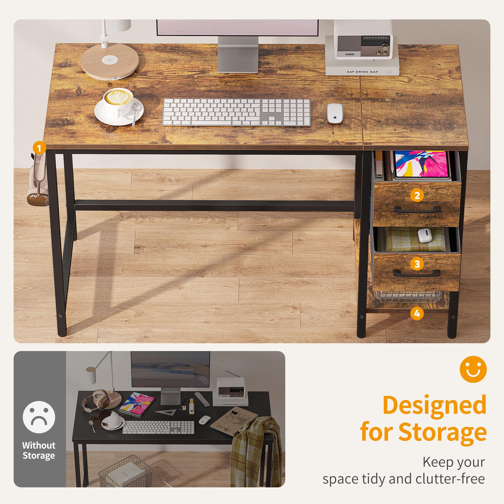 CubiCubi 47 Inch Small Computer Desk with 2 Drawers - Home Office Desk, Study Writing Table in Rustic Brown - Perfect for Small Spaces, Dorm Rooms & Home Offices