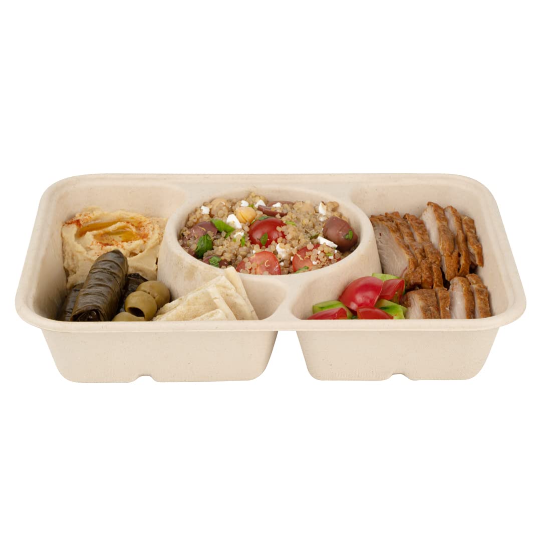 Eco-Friendly 31.3oz Sugarcane Fiber Takeout Containers - 100-Pack 3-Compartment Microwavable To-Go Boxes | Sustainable Bagasse Food Containers for Restaurants, Catering & Meal Prep (Lids Sold Separately)