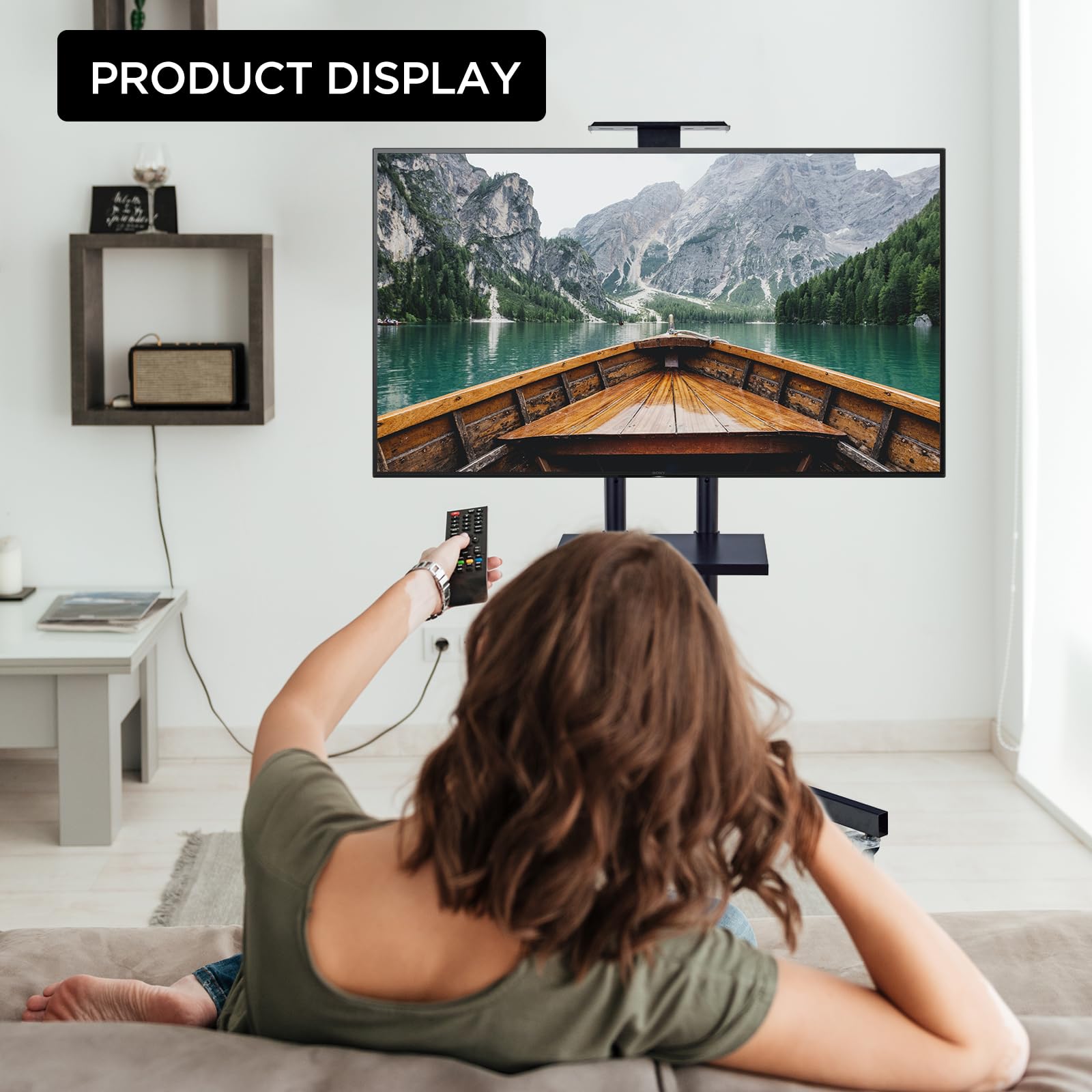 Adjustable Rolling TV Stand with Power Outlet for 32-65 Inch Flat/Curved LED/LCD/OLED TVs - Mobile TV Cart with Wheels, 220 lbs Capacity & VESA 600x400mm - Perfect for Living Room, Bedroom or Office Entertainment Setup