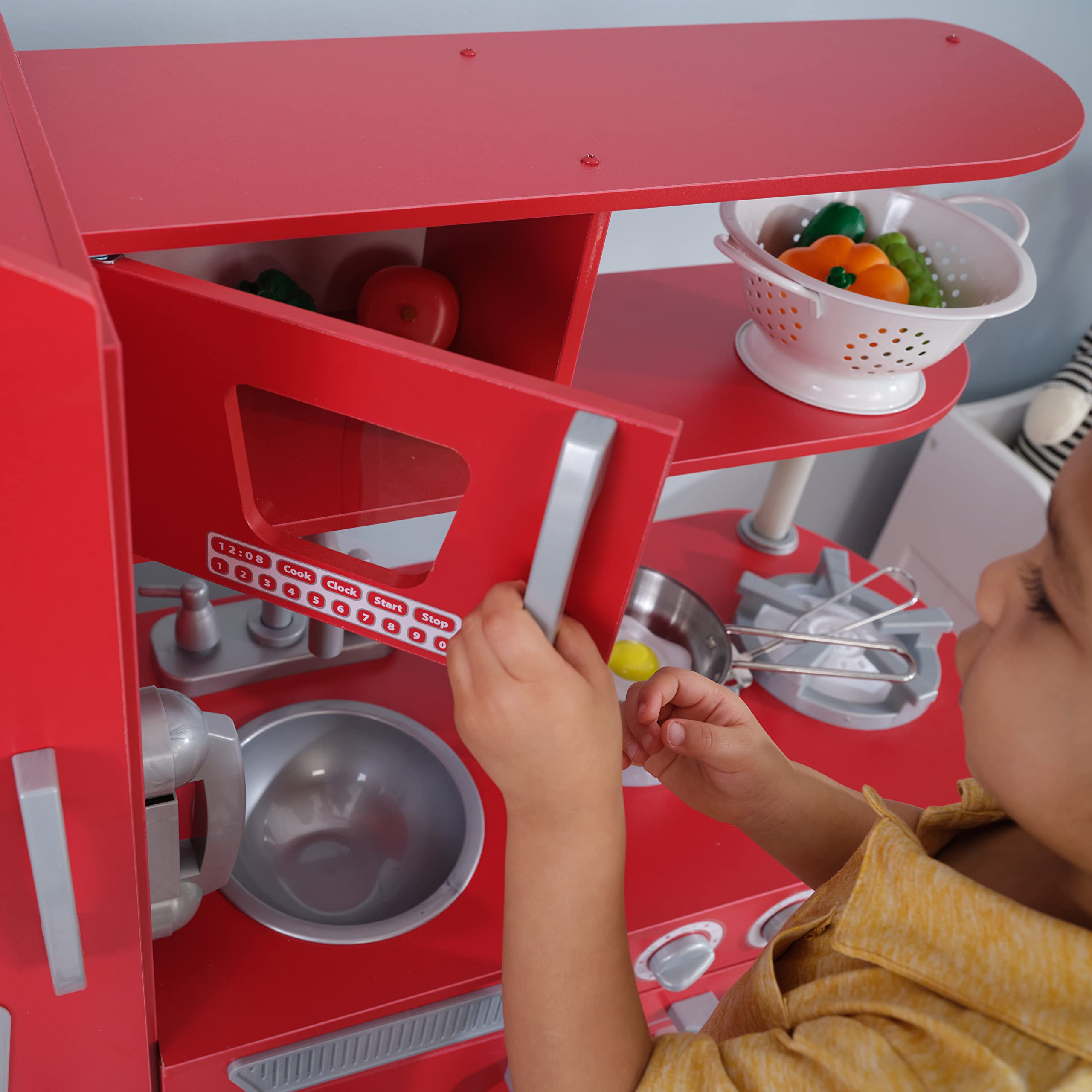 KidKraft Red Vintage Wooden Play Kitchen Set with Stainless Steel-Look Trim & Play Phone - Pretend Cooking Toy for Toddlers & Kids Ages 3+ - Perfect for Imaginative Play, Birthday Gifts & Preschool Learning