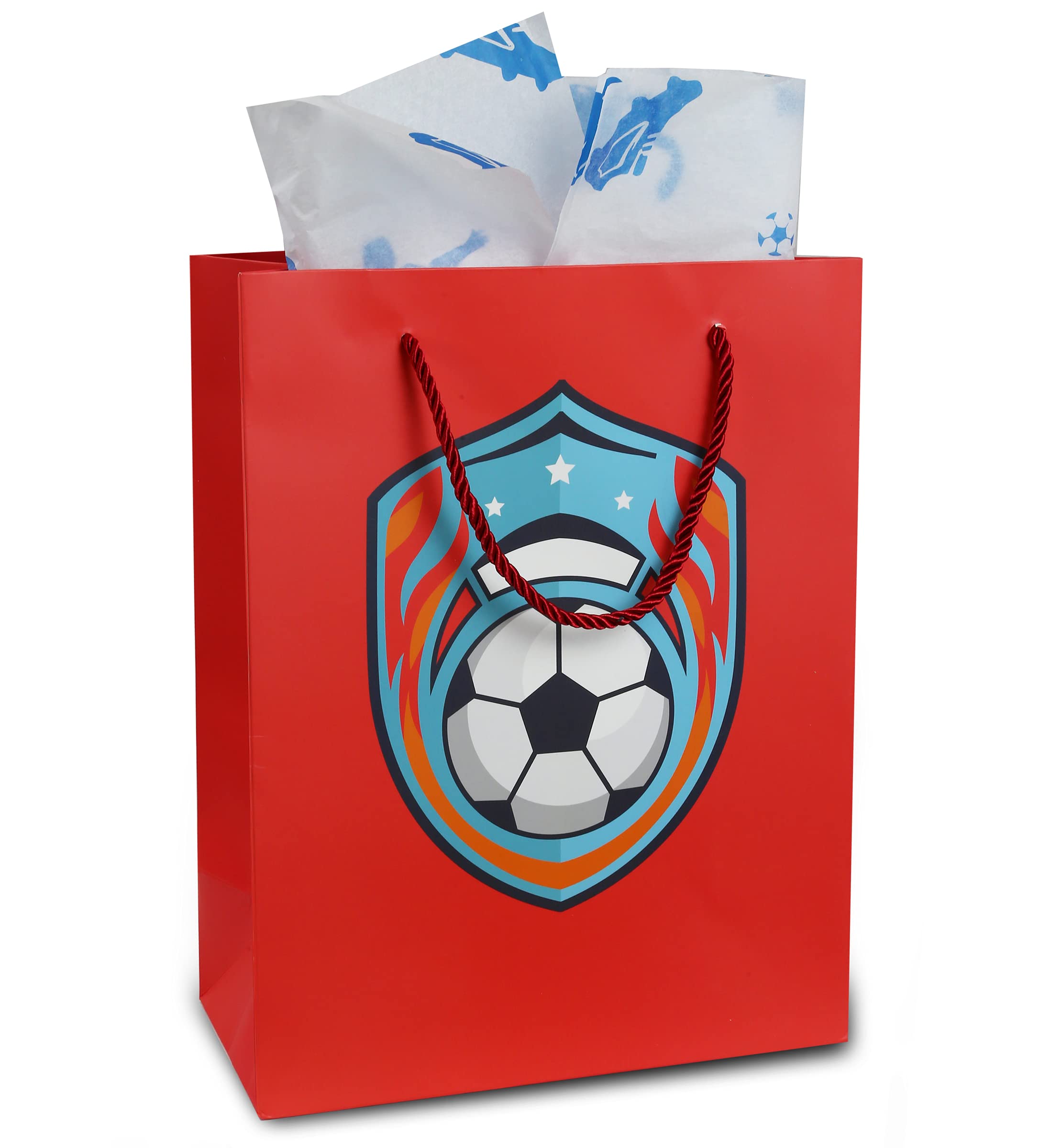 Premium Red Soccer Gift Bags with Tissue Paper - 13 Inch Large Reusable Paper Gift Bags with String Handles for Soccer Birthday Party Decorations, Sports Themed Gifts, and Team Celebrations - Perfect for Soccer Lovers, Coaches, and Players