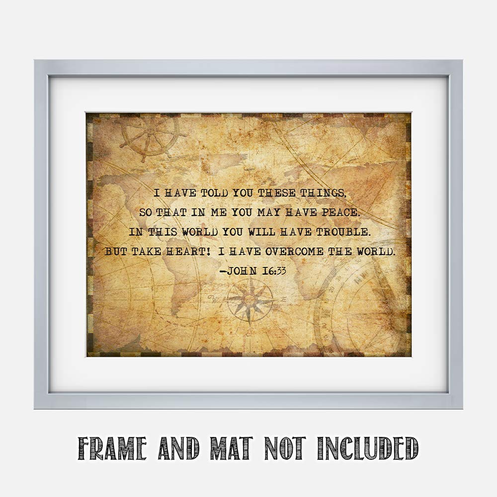 Inspiring John 16:33 Bible Verse Wall Art - 11x14 Christian Scripture Print for Home Decor, Religious Gift for Women & Family - Perfect for Bedroom, Office & Church (Compass Design)