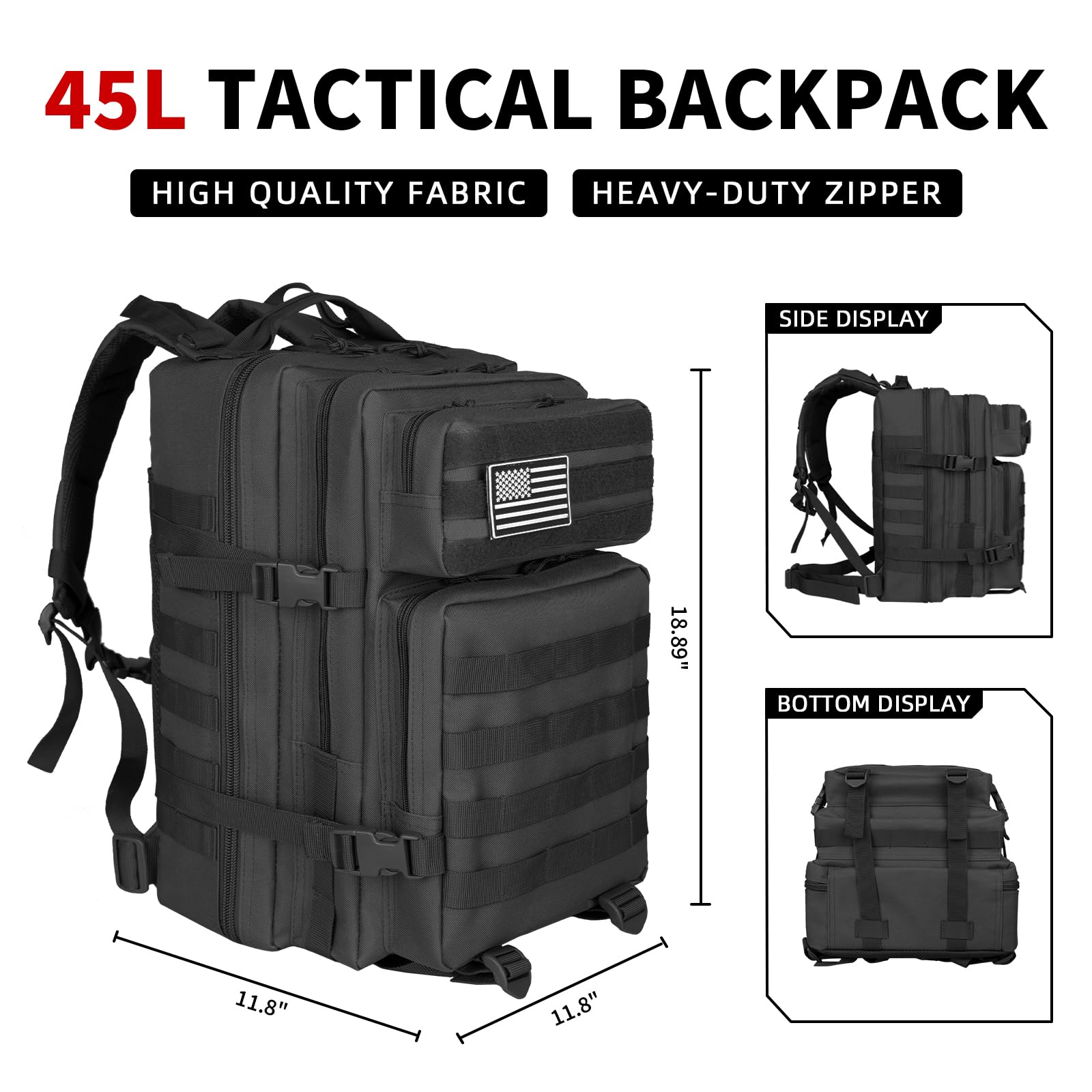 45L Tactical Backpack for Men - Military Molle Assault Pack 3-Day Bug Out Bag with Hydration Compatible Pouch | Waterproof Hiking Backpack for Camping, Travel & Outdoor Adventures (Black)