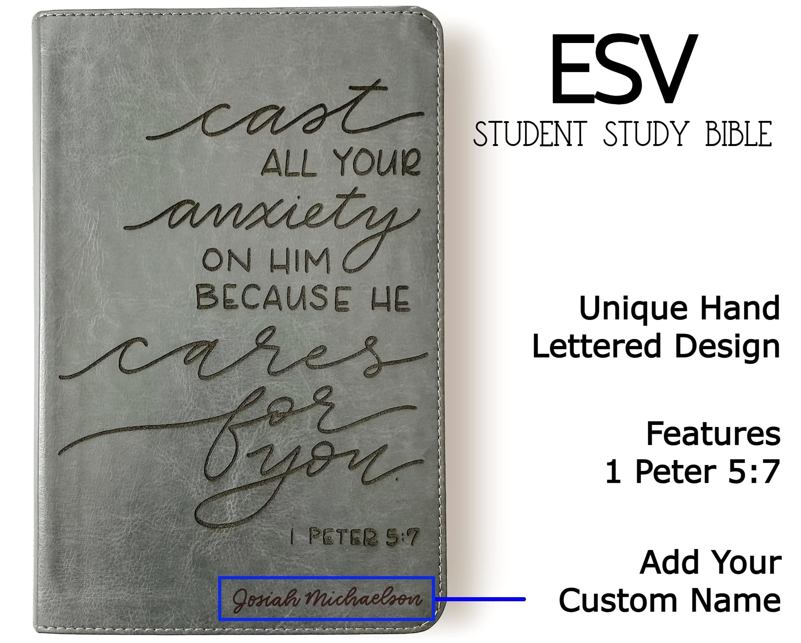 Hand Lettered & Laser Engraved ESV Bible - Gray TruTone Leather Cover Student Study Bible | Personalized Gift with Custom Name Engraving | Perfect for Graduation, Baptism & Daily Devotion