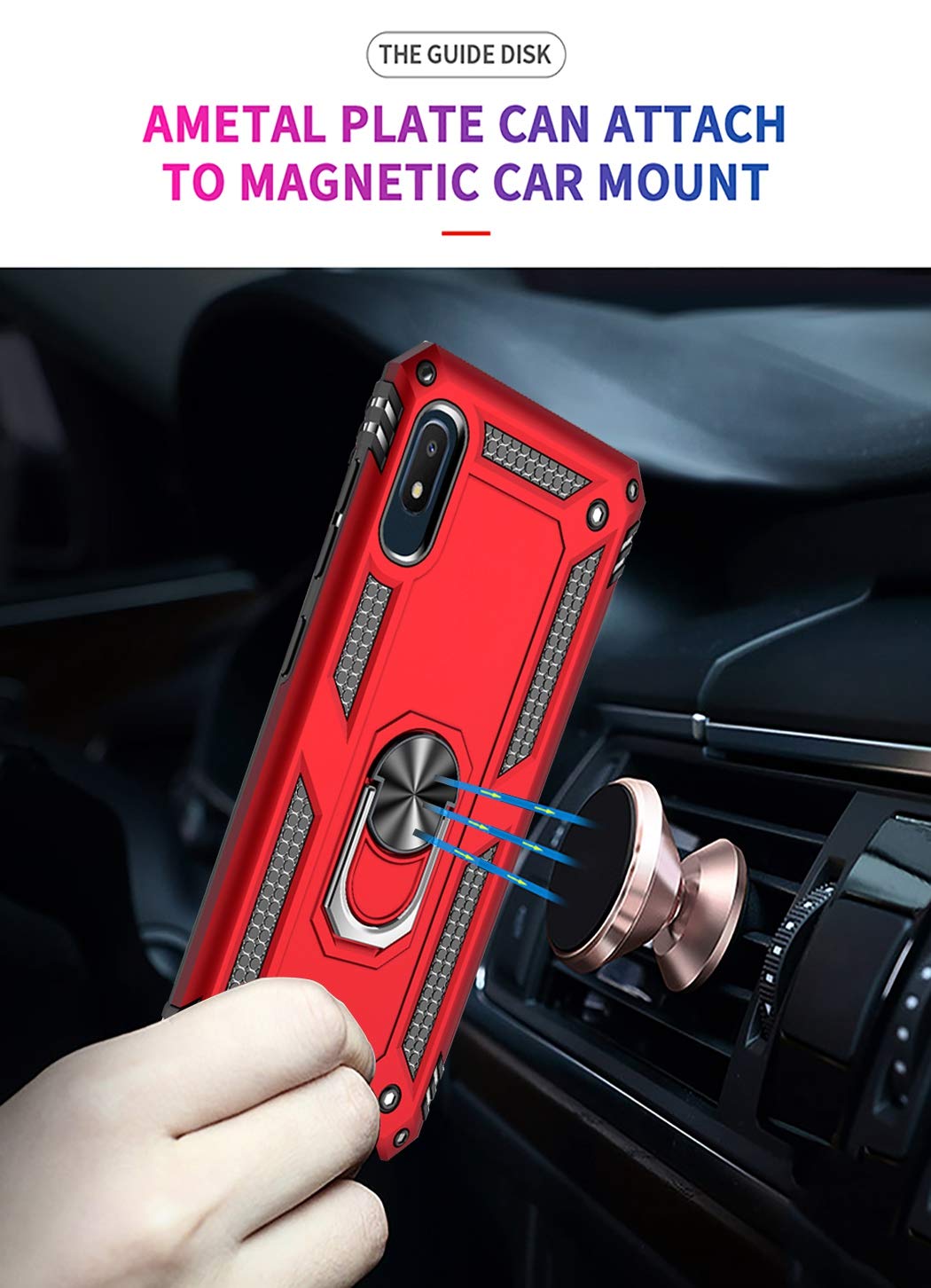 Military Grade Protective Phone Case for Samsung Galaxy A10E with Magnetic Car Mount & Kickstand - Shockproof Defender Cover for Everyday Use, Commuting and Travel (Red)