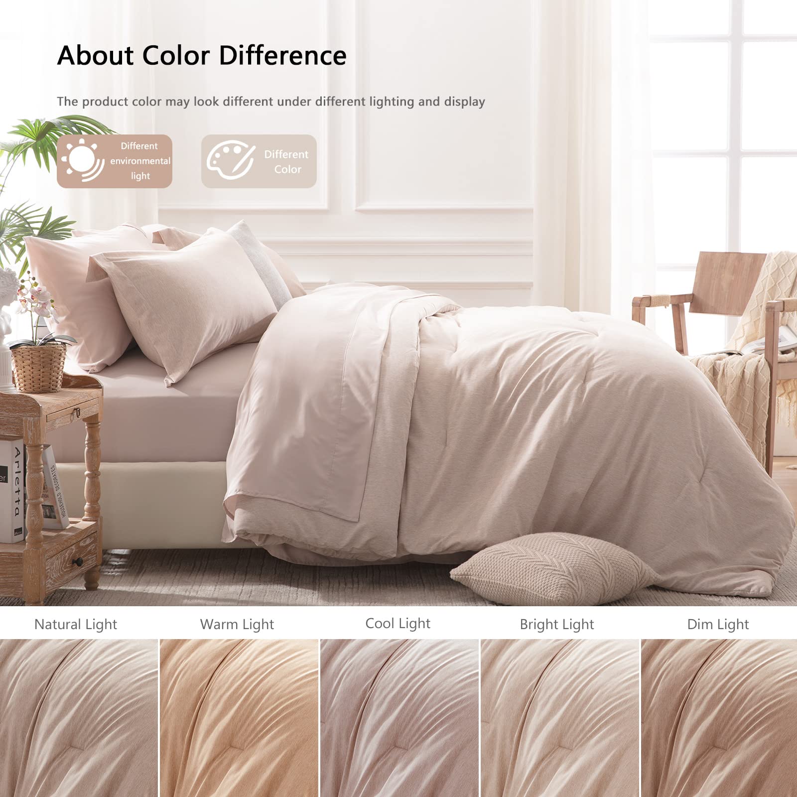 UNILIBRA 7-Piece Queen Comforter Set - All Seasons Soft Bedding Set with Comforter, Flat Sheet, Fitted Sheet, Pillowcases & Shams - Taupe Cationic Dye Bed in a Bag | Perfect for Master Bedroom, Guest Room & Cozy Home Decor