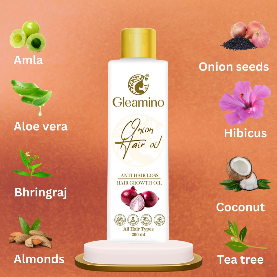 Gleamino Onion Hair Oil with Amla & Bhringraj - Natural Hair Growth Treatment for Healthy, Strong Hair - Promotes Thickness & Reduces Hair Fall - Perfect for Daily Scalp Massage & Damaged Hair Care