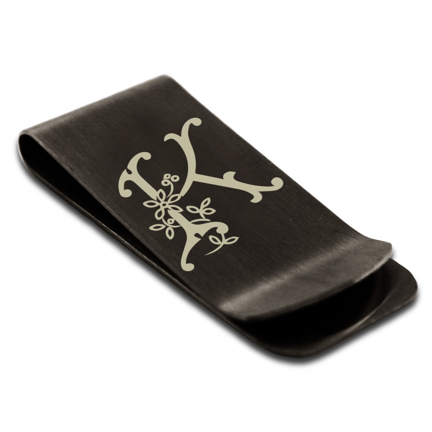 Stainless Steel Letter K Monogram Money Clip - Floral Engraved Credit Card Holder for Men | Perfect Gift for Graduation, Birthday & Anniversary