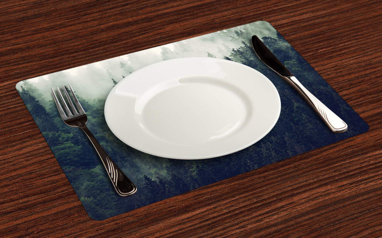 Lunarable Washable Fabric Placemats Set of 4 - Woodland & Tree Silhouette Design on Misty Hills, Standard Size Dining Table Mats in Laurel Green | Perfect for Home Decor, Dinner Parties & Holiday Gatherings