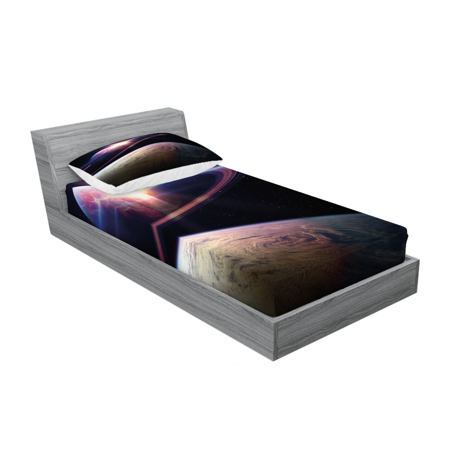 Ambesonne Galaxy 2-Pack Twin Size Fitted Sheet & Pillow Sham Set - Space Planets Cosmos Design, 4-Piece Bedding Collection (2 Fitted Sheets & 2 Pillow Covers) in Black & Blue - Perfect for Kids Room, Dorm Decor & Astronomy Themed Bedrooms