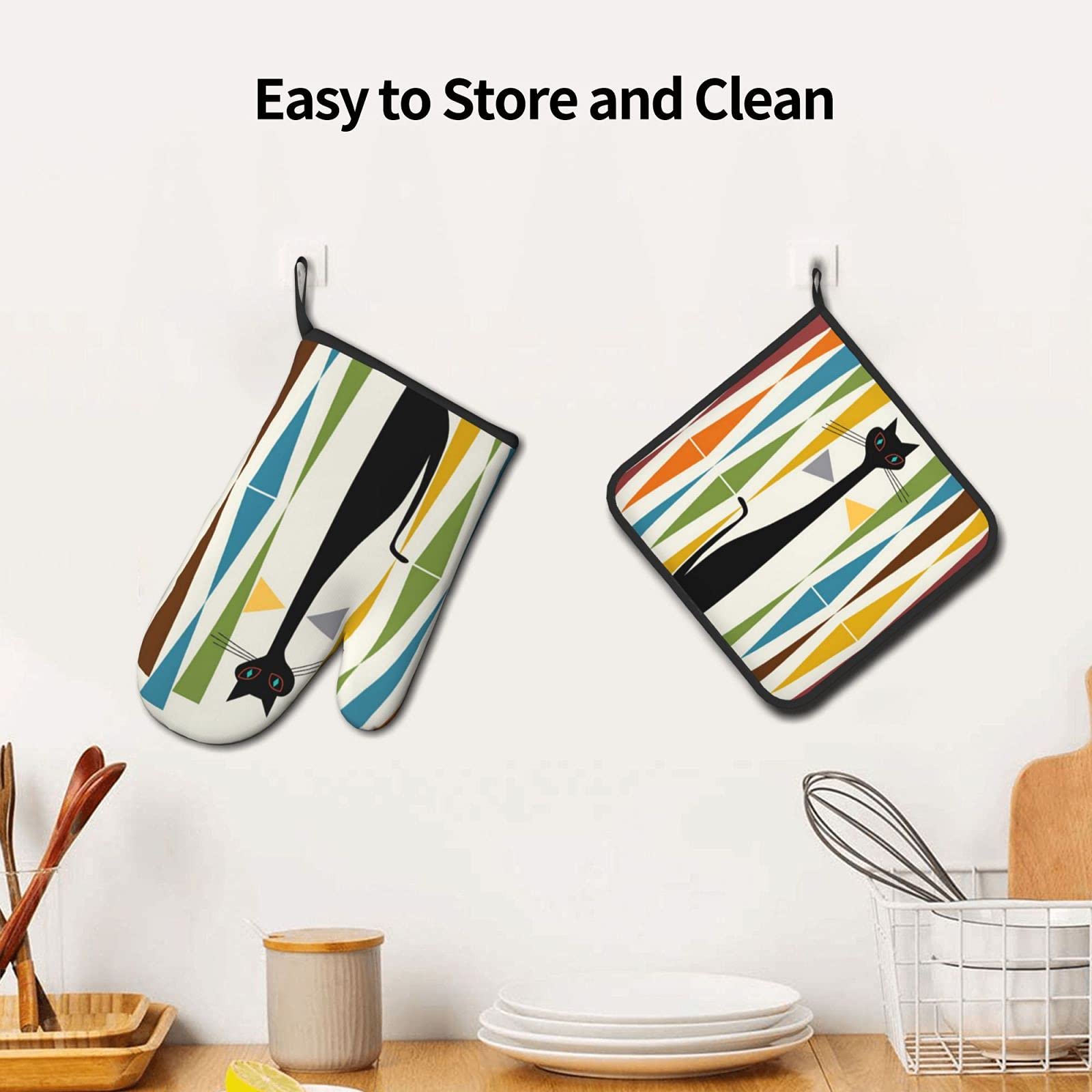 Vintage Mid-Century Modern Cat Art Oven Mitts & Pot Holders Set - Heat Resistant Kitchen Gloves for Cooking, Baking, Grilling - Non-Slip Polyester Hot Pads for Home Chefs & Cat Lovers