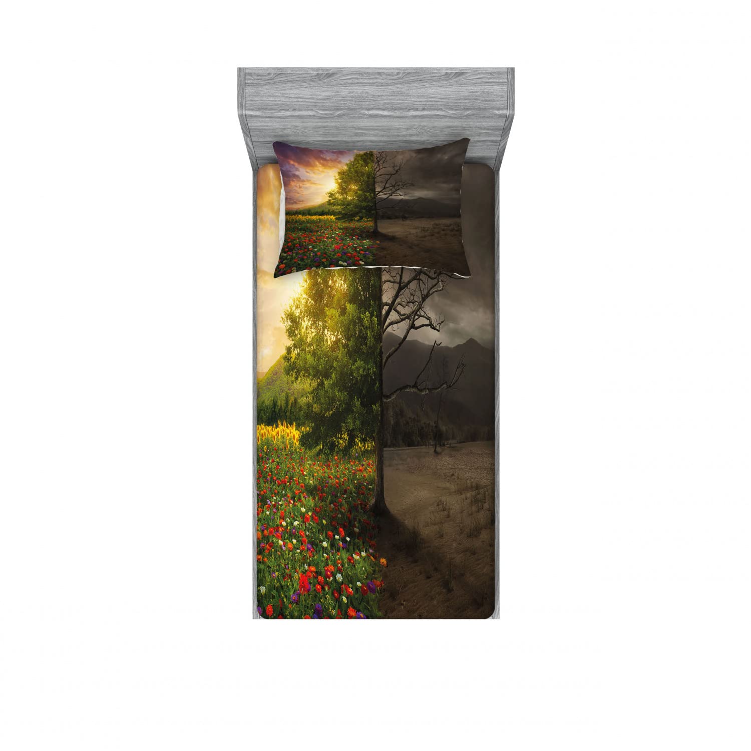 Ambesonne 2-Pack Twin XL Fitted Sheet & Pillow Sham Set - Life and Death Forest Theme Bedding Decor (4-Piece Set, Multicolor) | Perfect for Dorm Rooms, Guest Beds & Themed Bedrooms