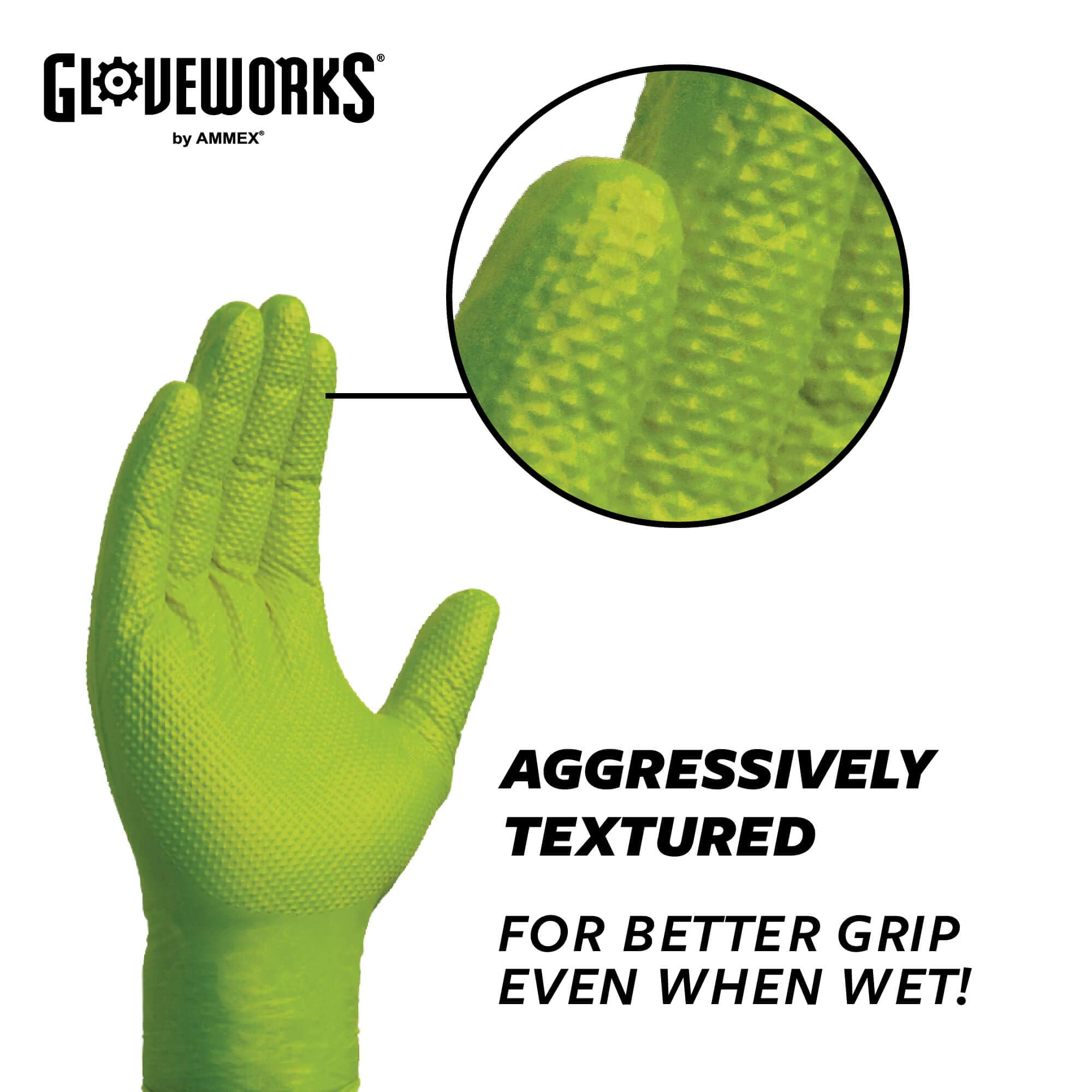 GLOVEWORKS HD Green Nitrile Disposable Gloves - 8 Mil Thick, Medium to XXL Sizes, Raised Diamond Grip for Enhanced Protection - Ideal for Medical, Laboratory, Cleaning, and Food Handling