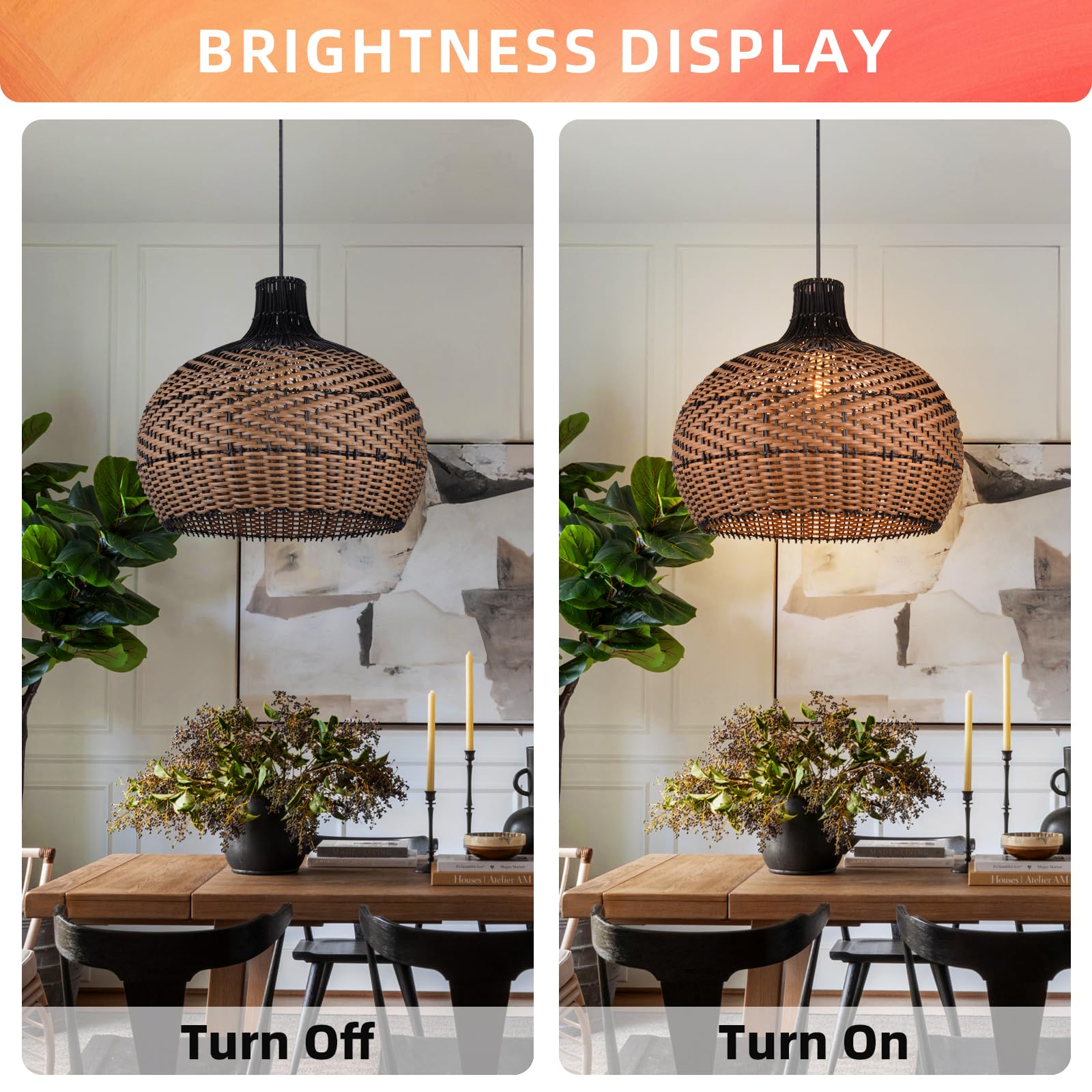 Arturesthome Handwoven Rattan Pendant Light Fixture - Natural Wicker Chandelier for Kitchen Island, Dining Room, Living Room & Bedroom | Boho Ceiling Lamp with Woven Lampshade | Perfect for Farmhouse, Coastal & Bohemian Home Decor