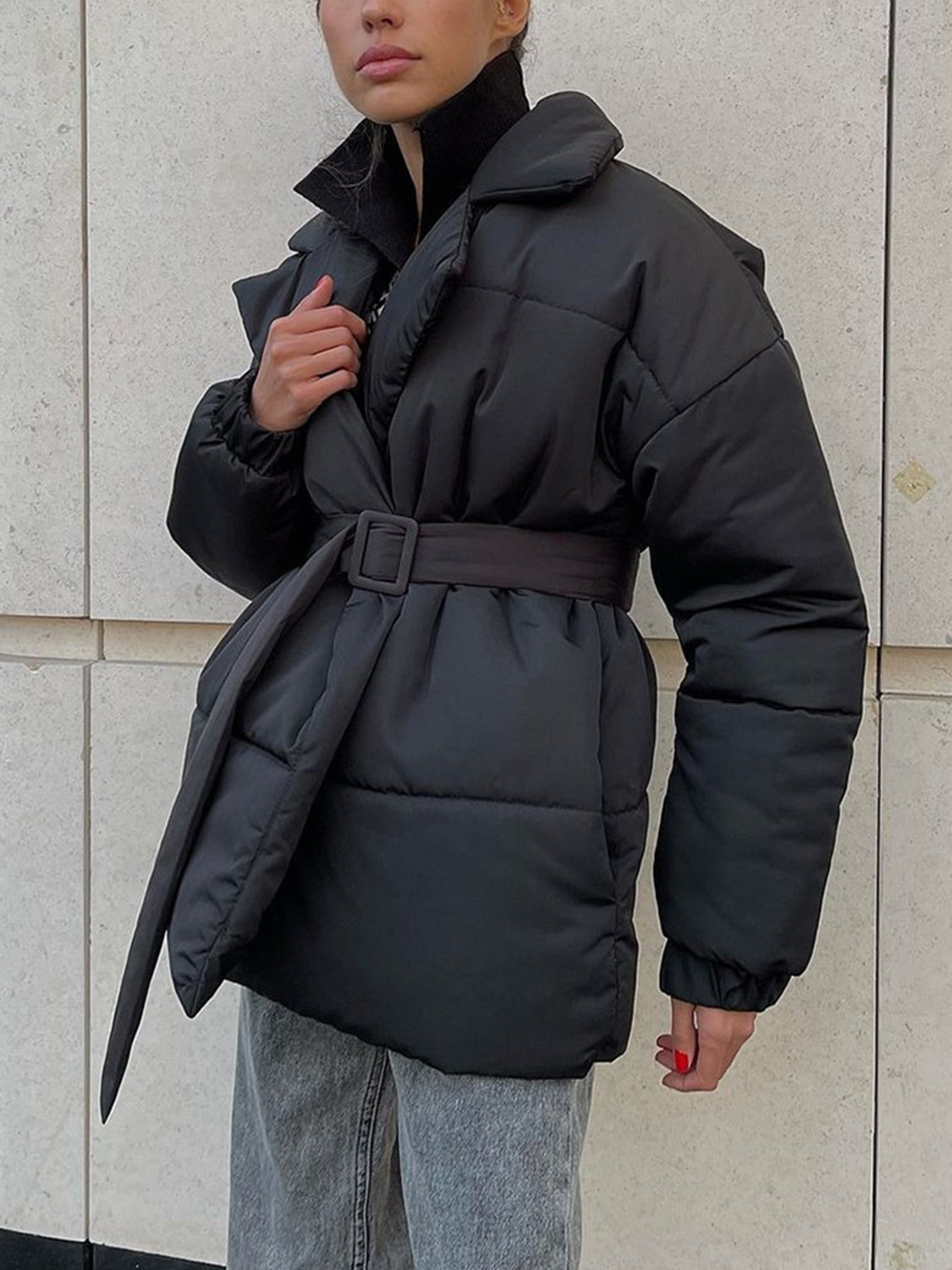Women's Warm Puffer Long Sleeve Winter Coat with Adjustable Belt - Waterproof & Windproof Jacket for Outdoor Activities, Skiing, and Cold Weather Fashion
