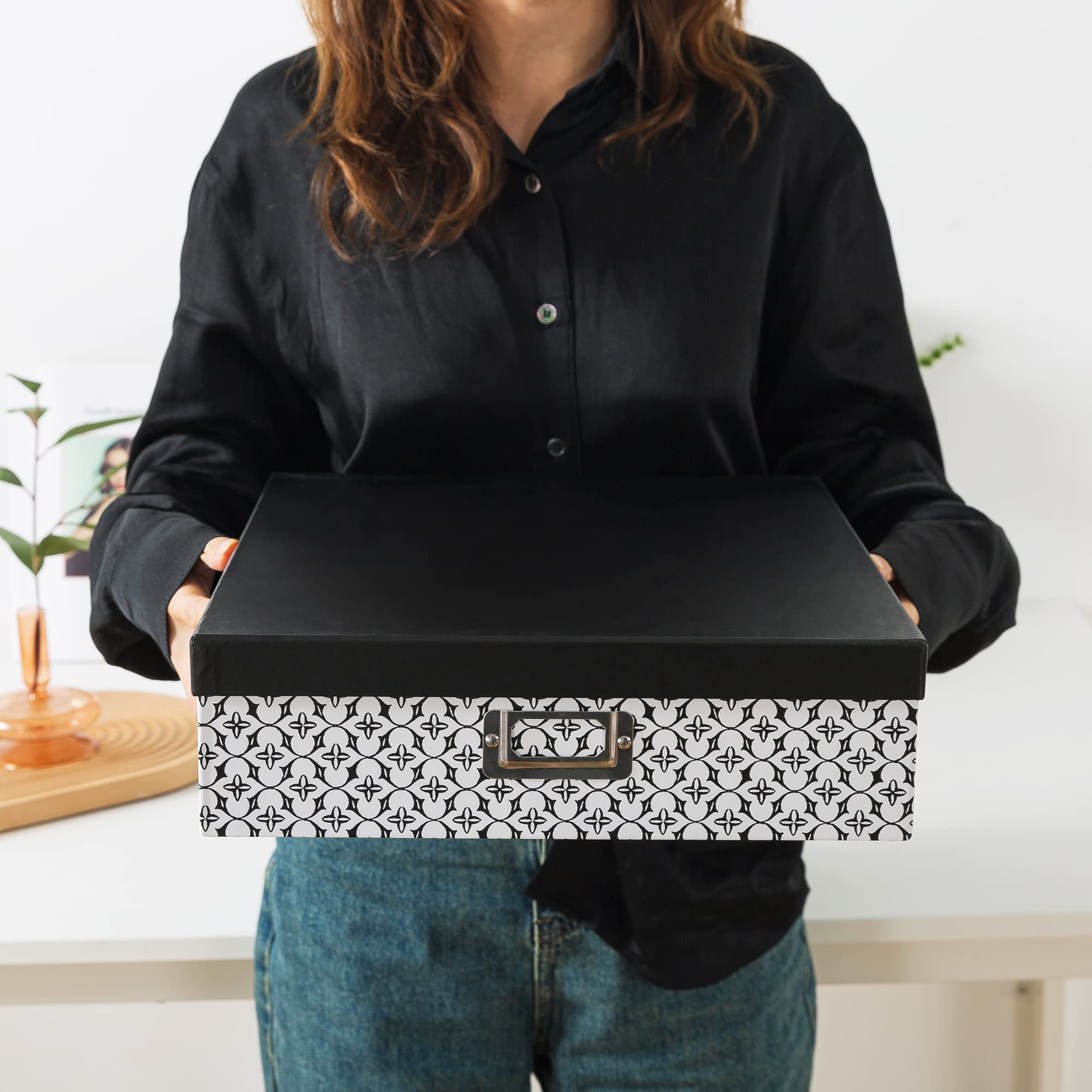 Soul & Lane Black and White Decorative Storage Boxes with Lids - Set of 3 Jumbo Organizer Boxes for Scrapbooking, Documents, Keepsakes & Memories - Modern Trellis Design for Home Office & Craft Room Organization