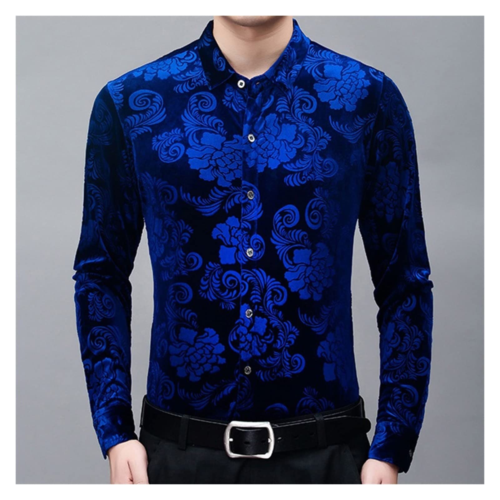 DFHH Men's Velvet Long Sleeve Shirt - Soft Velour Floral Button Down Top for Fall & Winter (Blue, Size M) | Casual Wear, Date Night, Office Outfits