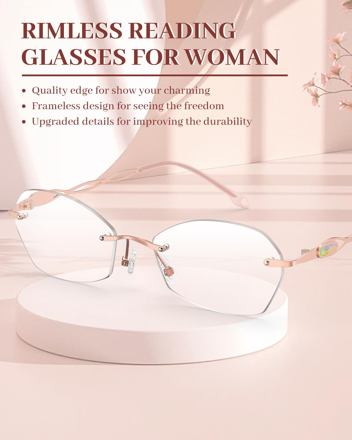 Blue Light Blocking Rimless Reading Glasses for Women - Lightweight Metal Computer Glasses Anti Eyestrain - Perfect for Office Work, Screen Time & Reading Books
