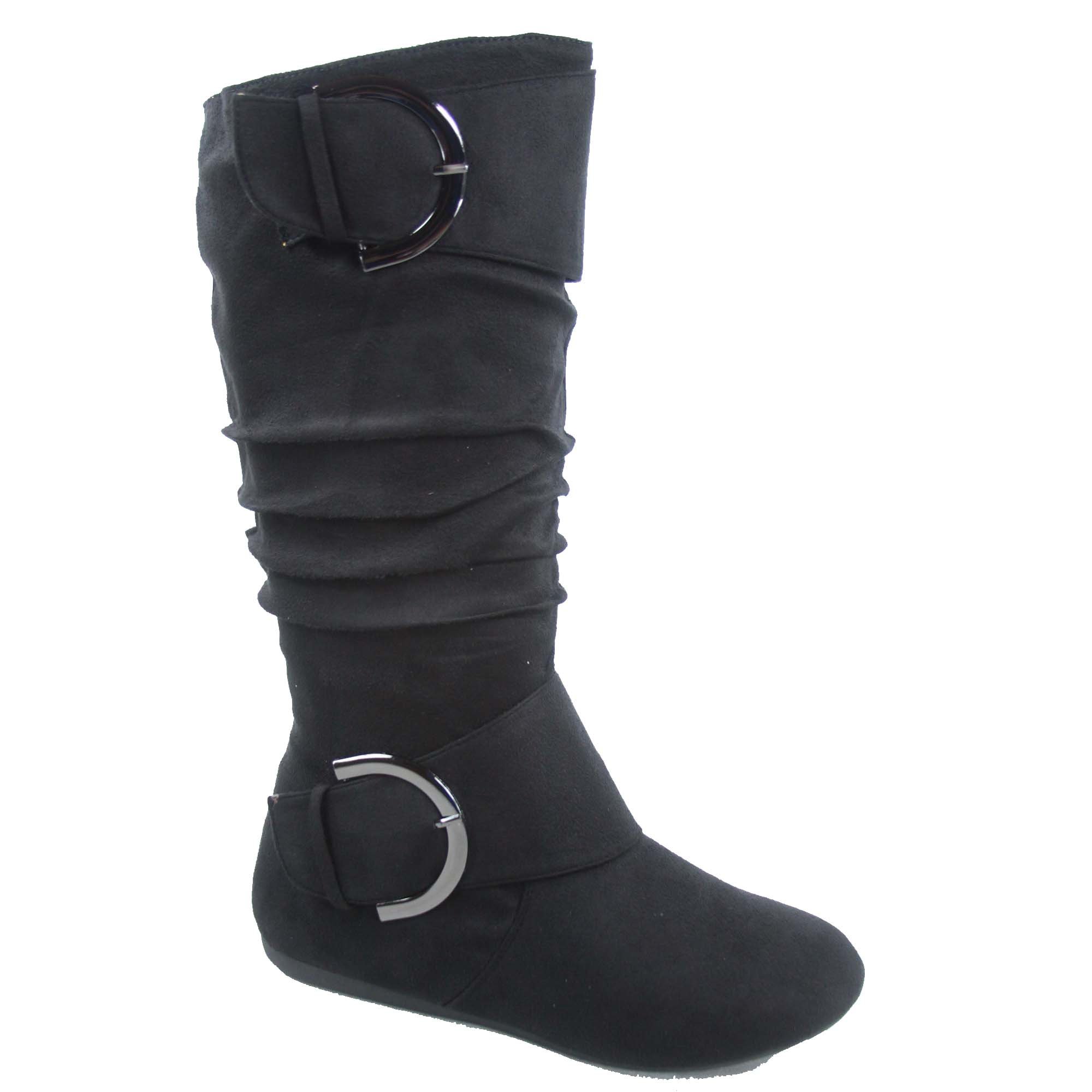 TOP Moda Bank-81 Women's Fashion Round Toe Flat Heel Zipper Buckle Slouchy Mid Calf Boots for Casual Outfits & Fall Winter Wear
